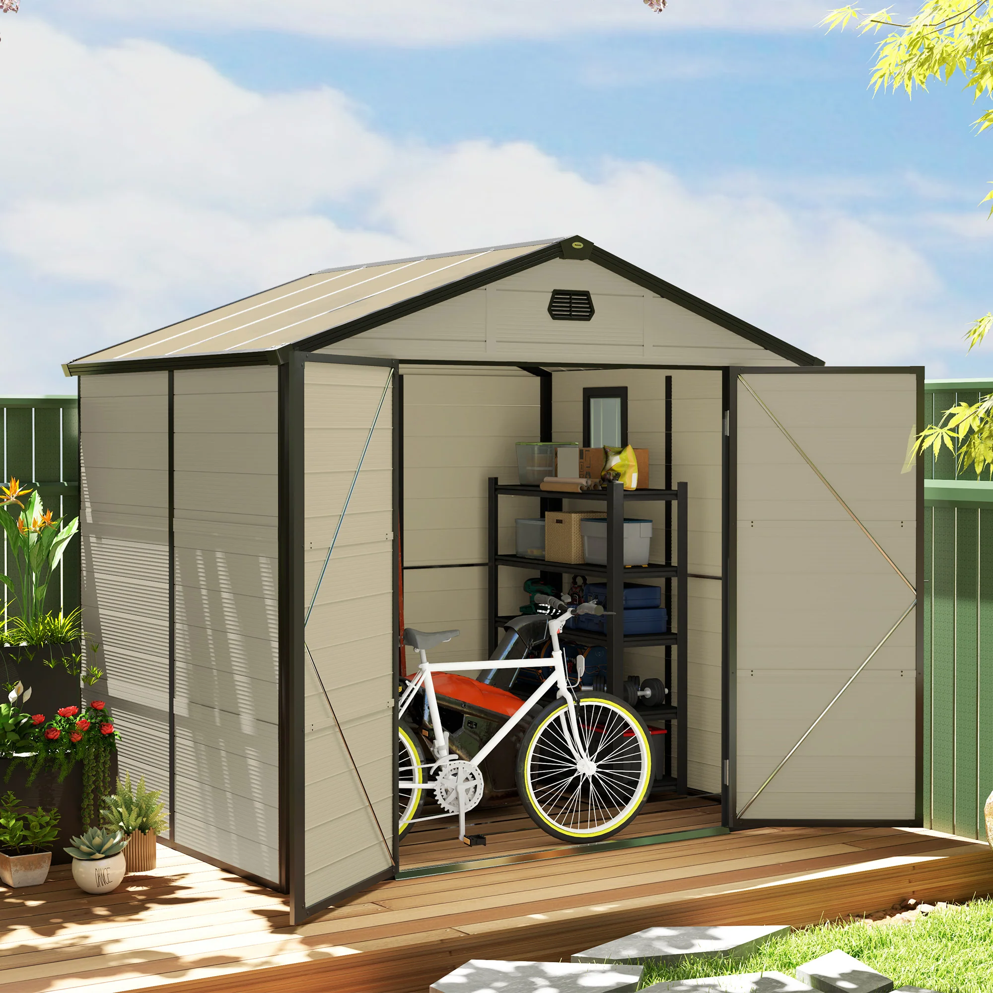 8 x 6ft Plastic Garden Storage Shed w/ Foundation Kit, Ventilation Slots & Lockable Door, Cream White - Image 3