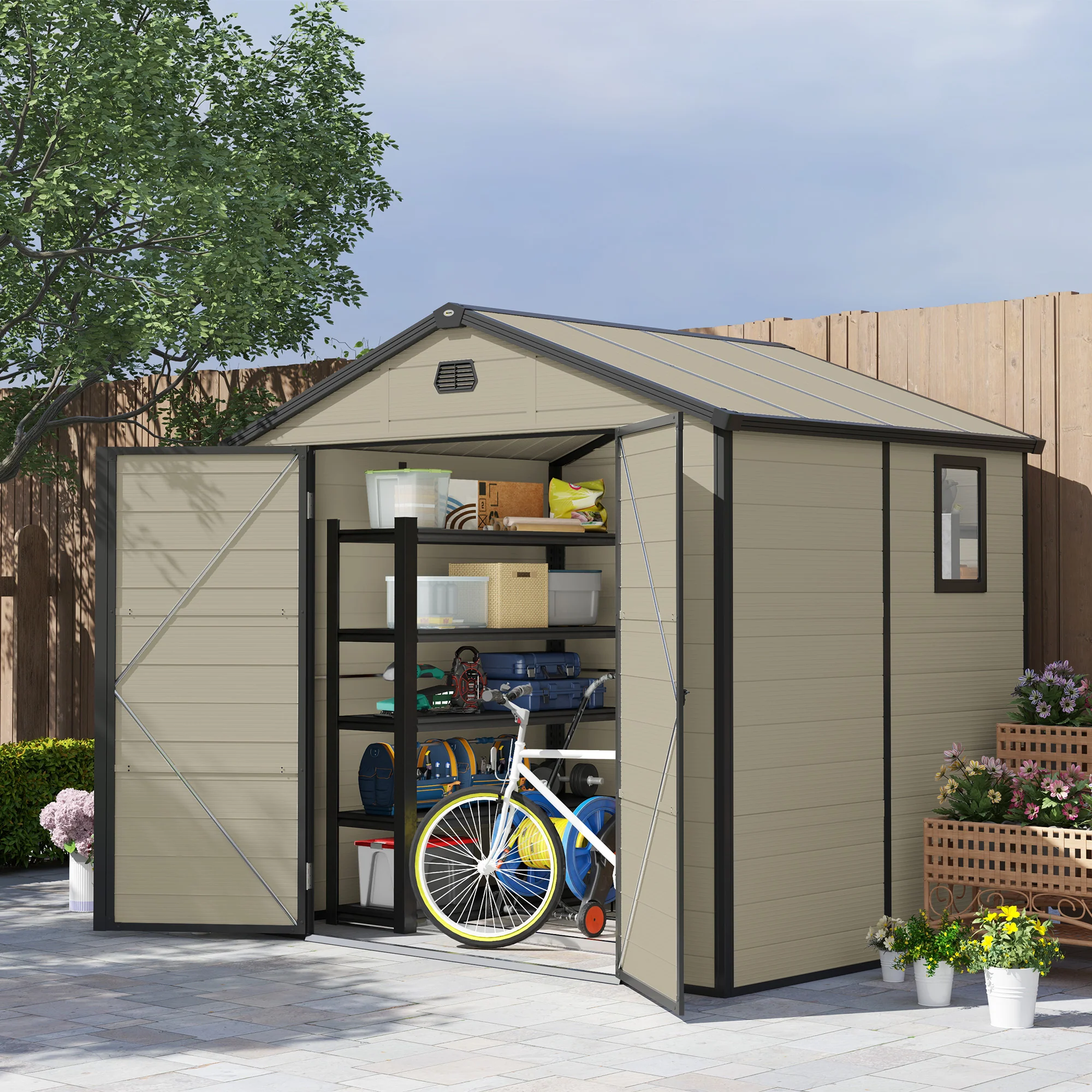 8 x 6ft Plastic Garden Storage Shed w/ Foundation Kit, Ventilation Slots & Lockable Door, Cream White - Image 4