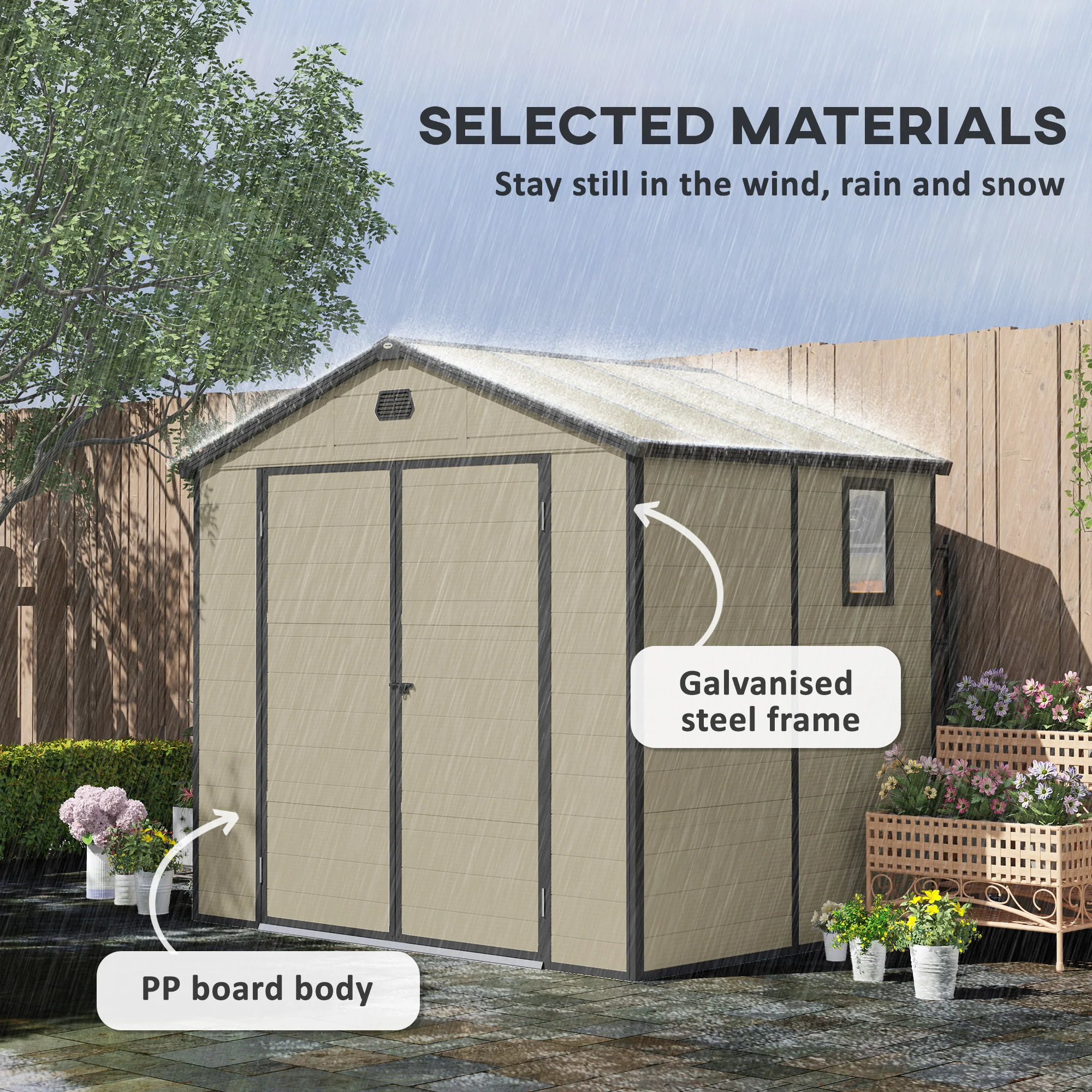 8 x 6ft Plastic Garden Storage Shed w/ Foundation Kit, Ventilation Slots & Lockable Door, Cream White - Image 6