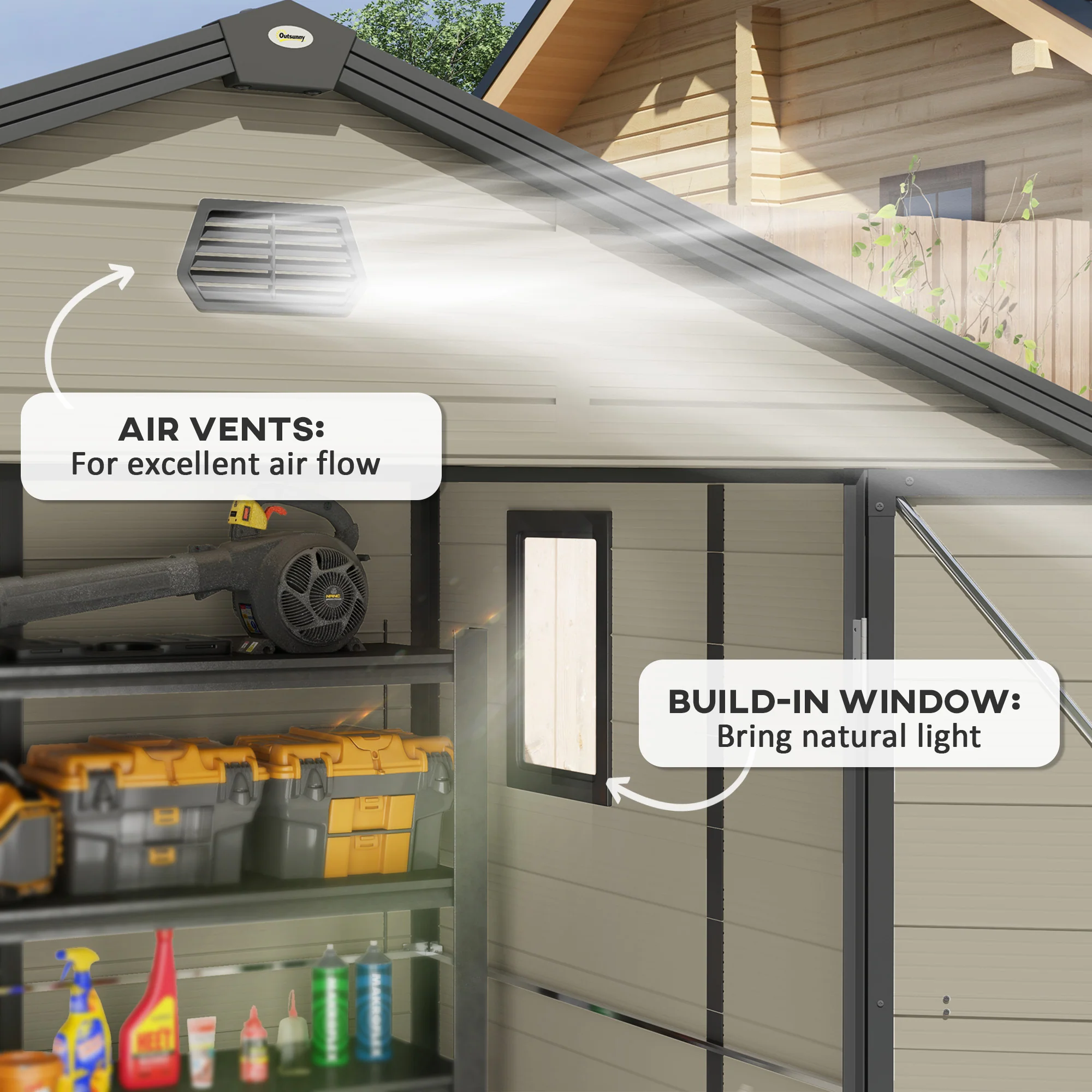 8 x 6ft Plastic Garden Storage Shed w/ Foundation Kit, Ventilation Slots & Lockable Door, Cream White - Image 9