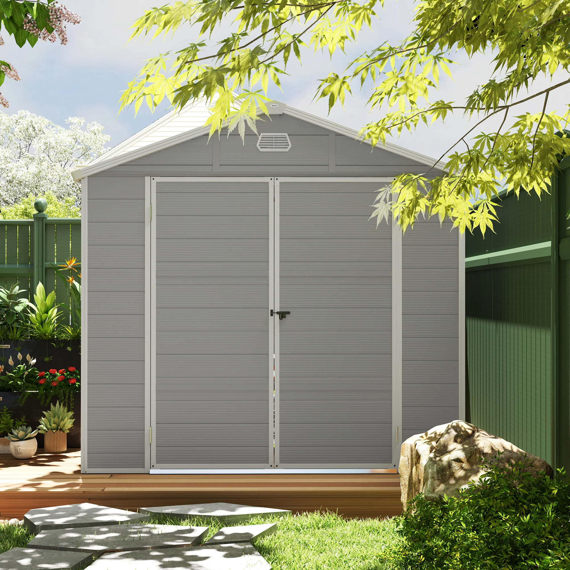 8 x 6ft Plastic Garden Storage Shed w/ Foundation Kit, Ventilation Slots & Lockable Door, Light Grey - Image 10