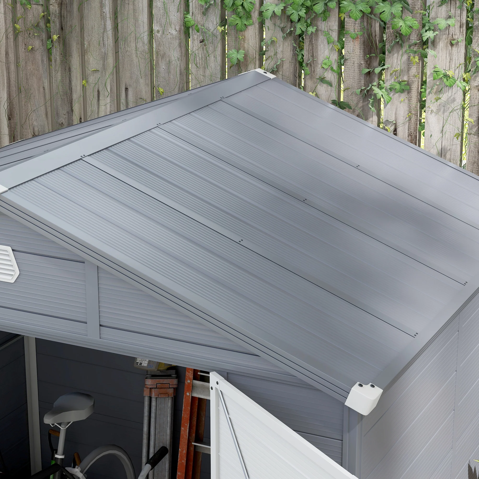 8 x 6ft Plastic Garden Storage Shed w/ Foundation Kit, Ventilation Slots & Lockable Door, Grey - Image 10