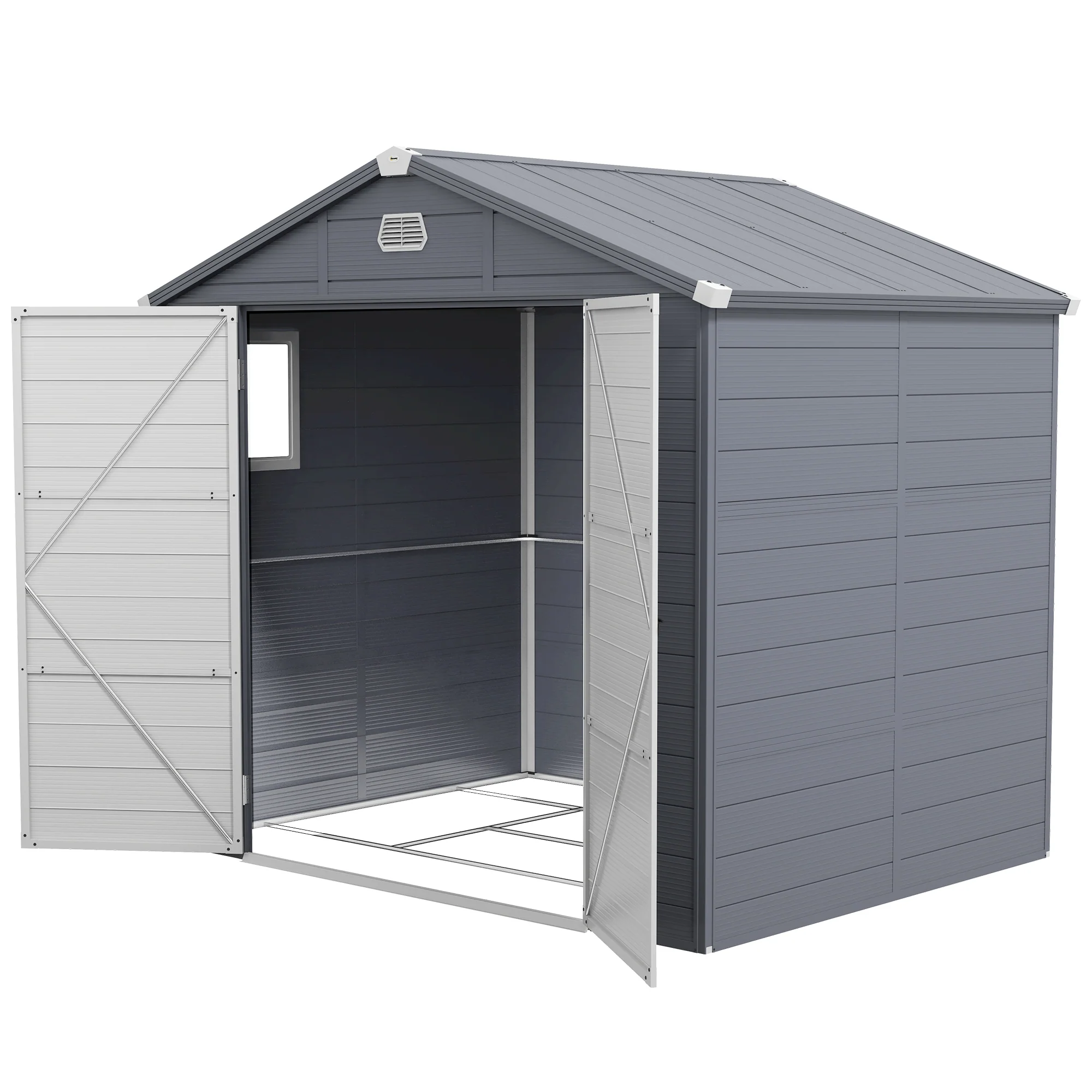 8 x 6ft Plastic Garden Storage Shed w/ Foundation Kit, Ventilation Slots & Lockable Door, Grey - Image 2