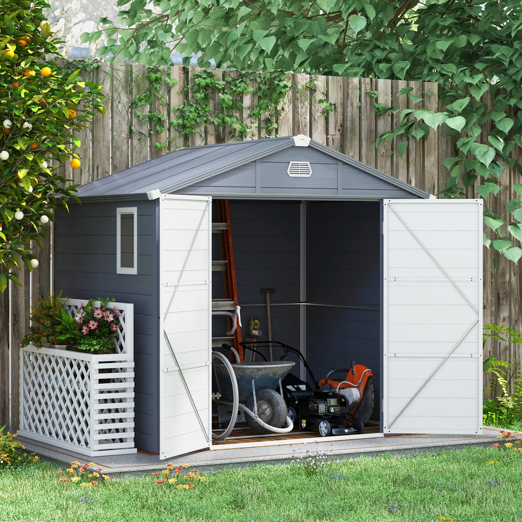 8 x 6ft Plastic Garden Storage Shed w/ Foundation Kit, Ventilation Slots & Lockable Door, Grey - Image 3