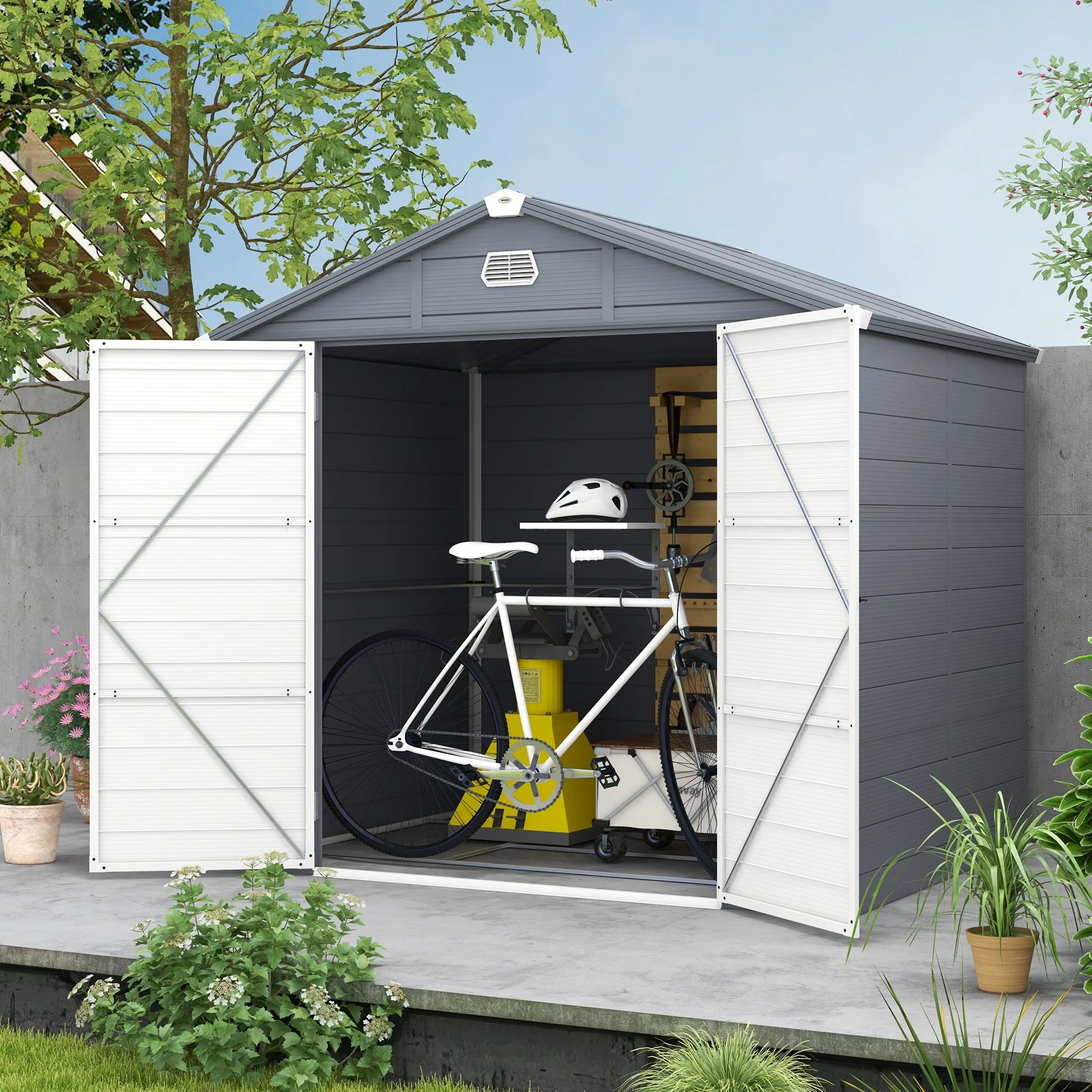 8 x 6ft Plastic Garden Storage Shed w/ Foundation Kit, Ventilation Slots & Lockable Door, Grey - Image 4