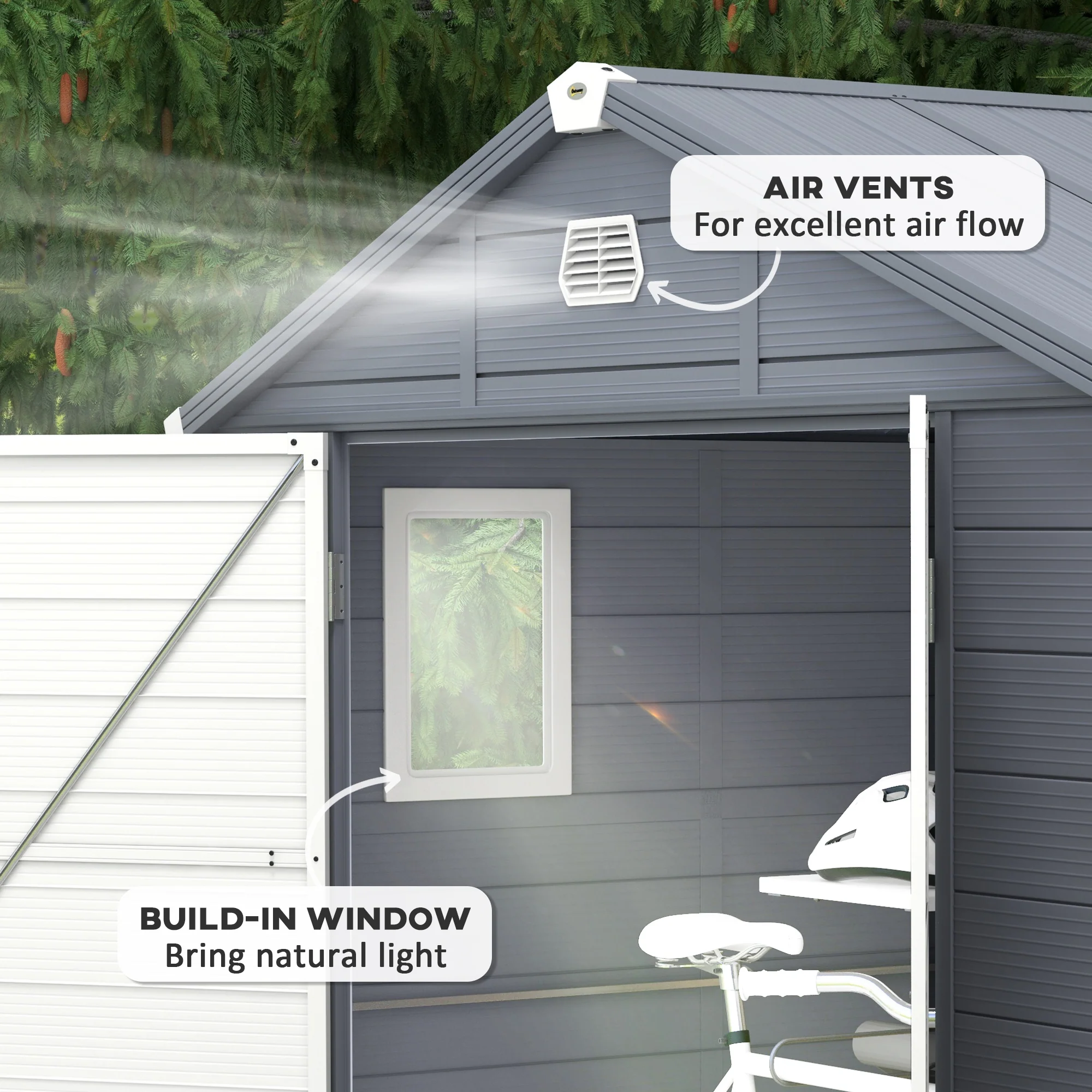 8 x 6ft Plastic Garden Storage Shed w/ Foundation Kit, Ventilation Slots & Lockable Door, Grey - Image 9