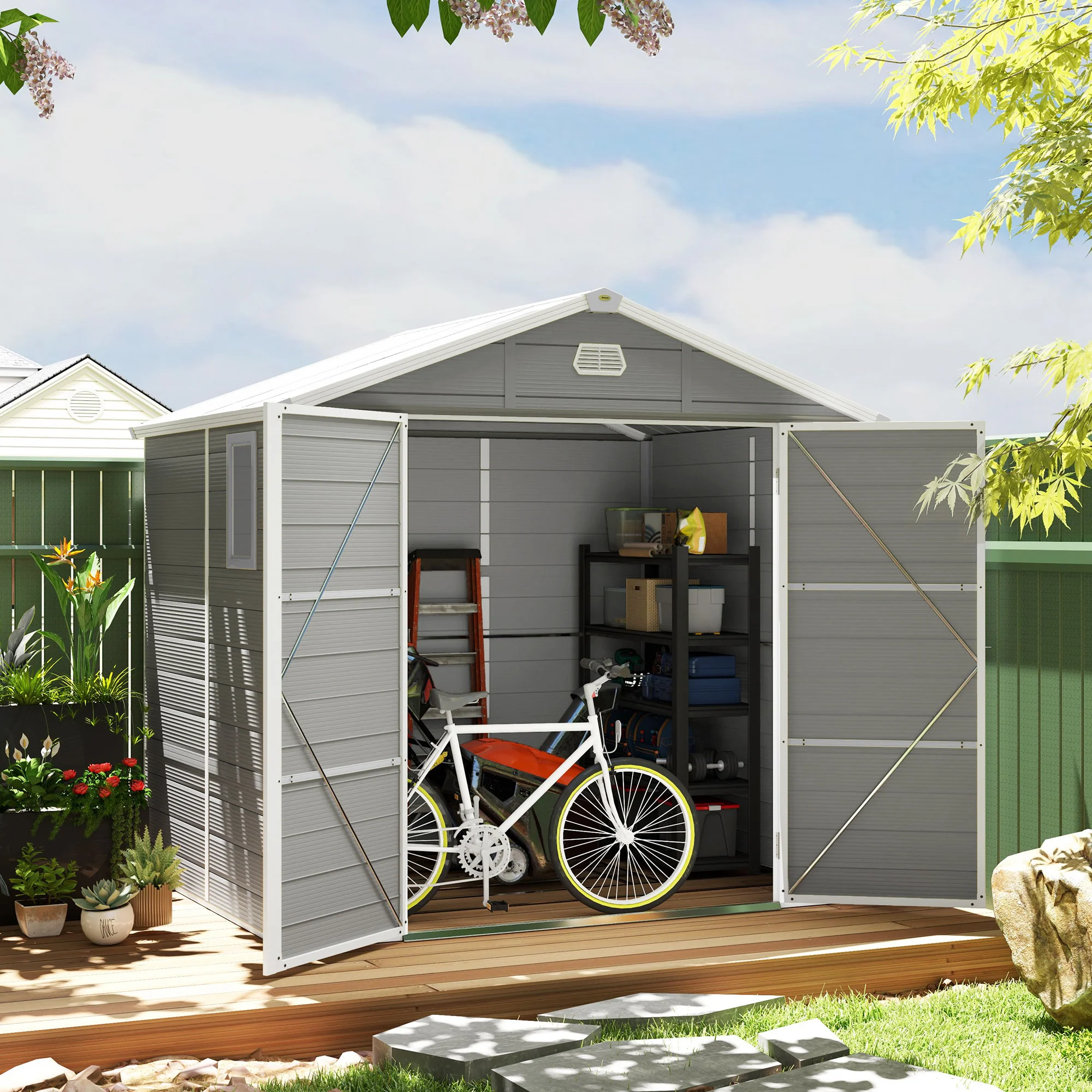 8 x 6ft Plastic Garden Storage Shed w/ Foundation Kit, Ventilation Slots & Lockable Door, Light Grey - Image 3
