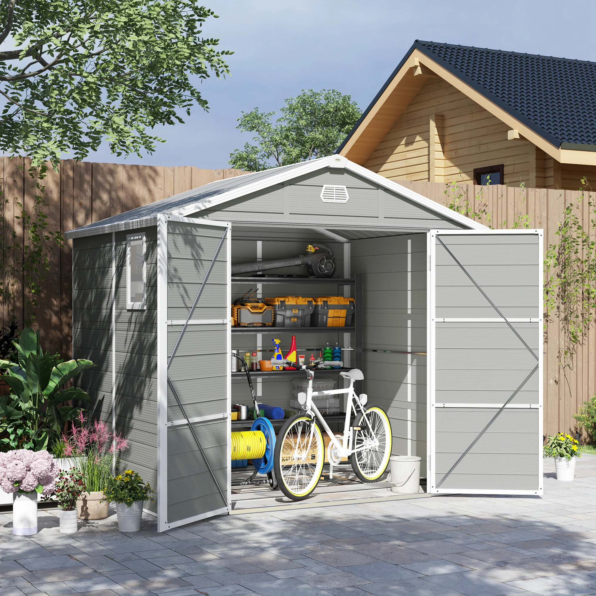 8 x 6ft Plastic Garden Storage Shed w/ Foundation Kit, Ventilation Slots & Lockable Door, Light Grey - Image 4
