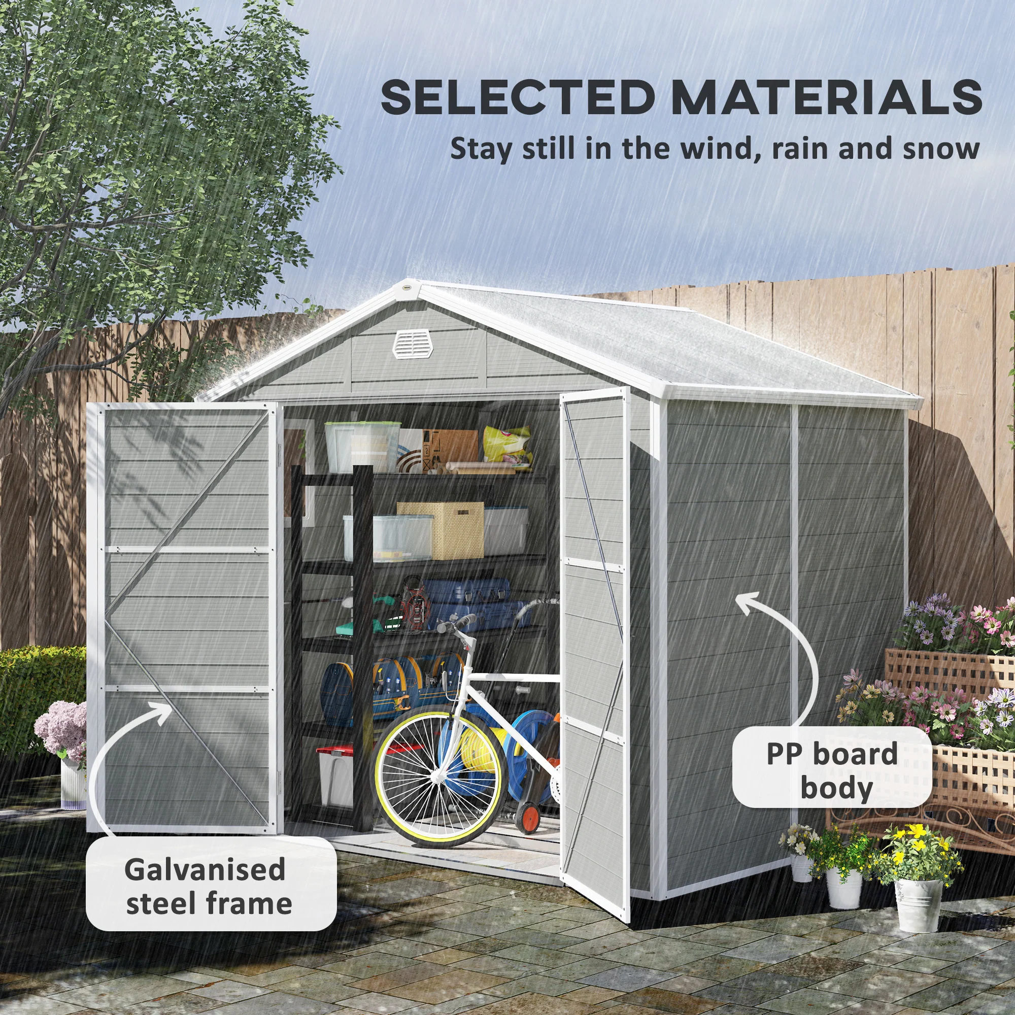 8 x 6ft Plastic Garden Storage Shed w/ Foundation Kit, Ventilation Slots & Lockable Door, Light Grey - Image 6