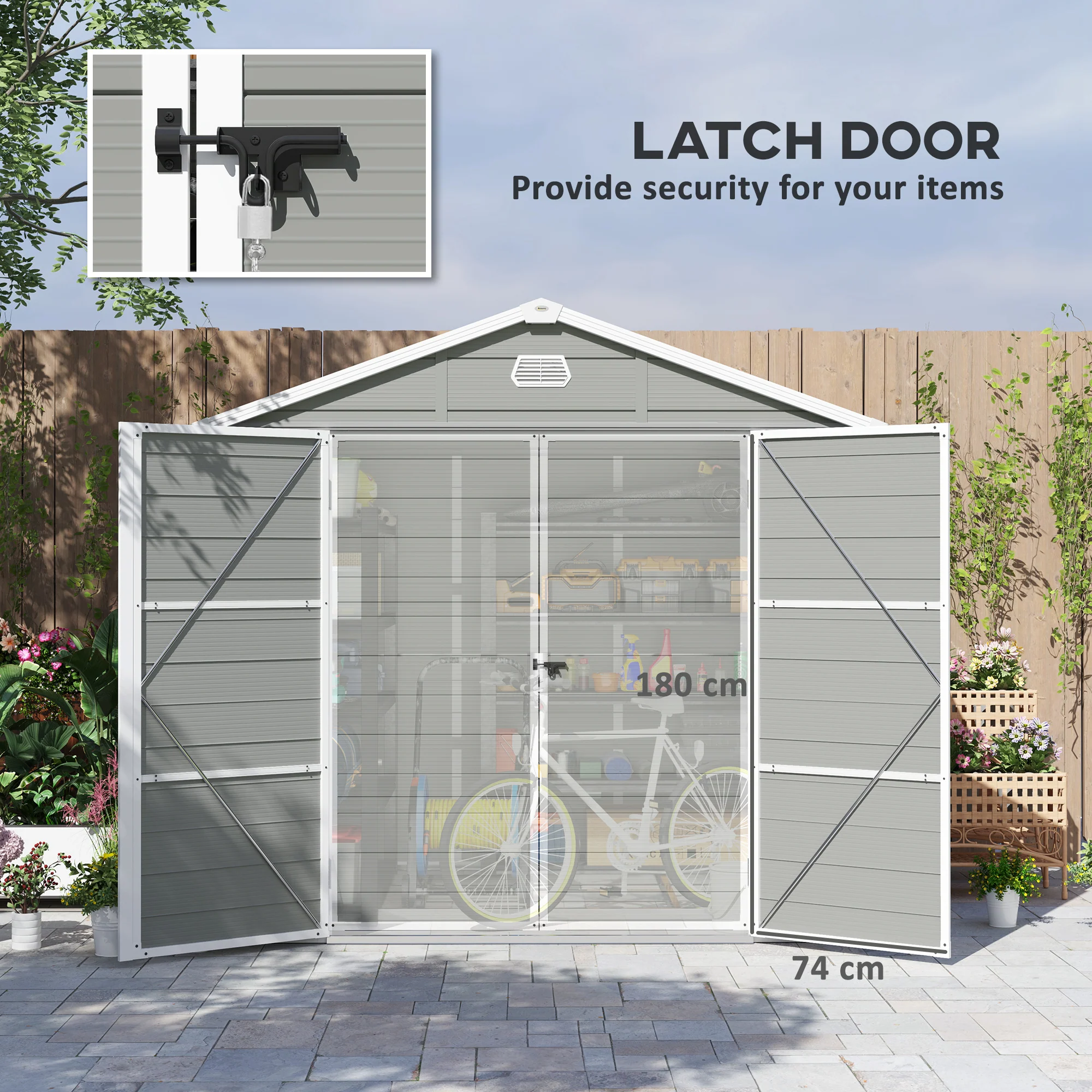 8 x 6ft Plastic Garden Storage Shed w/ Foundation Kit, Ventilation Slots & Lockable Door, Light Grey - Image 7