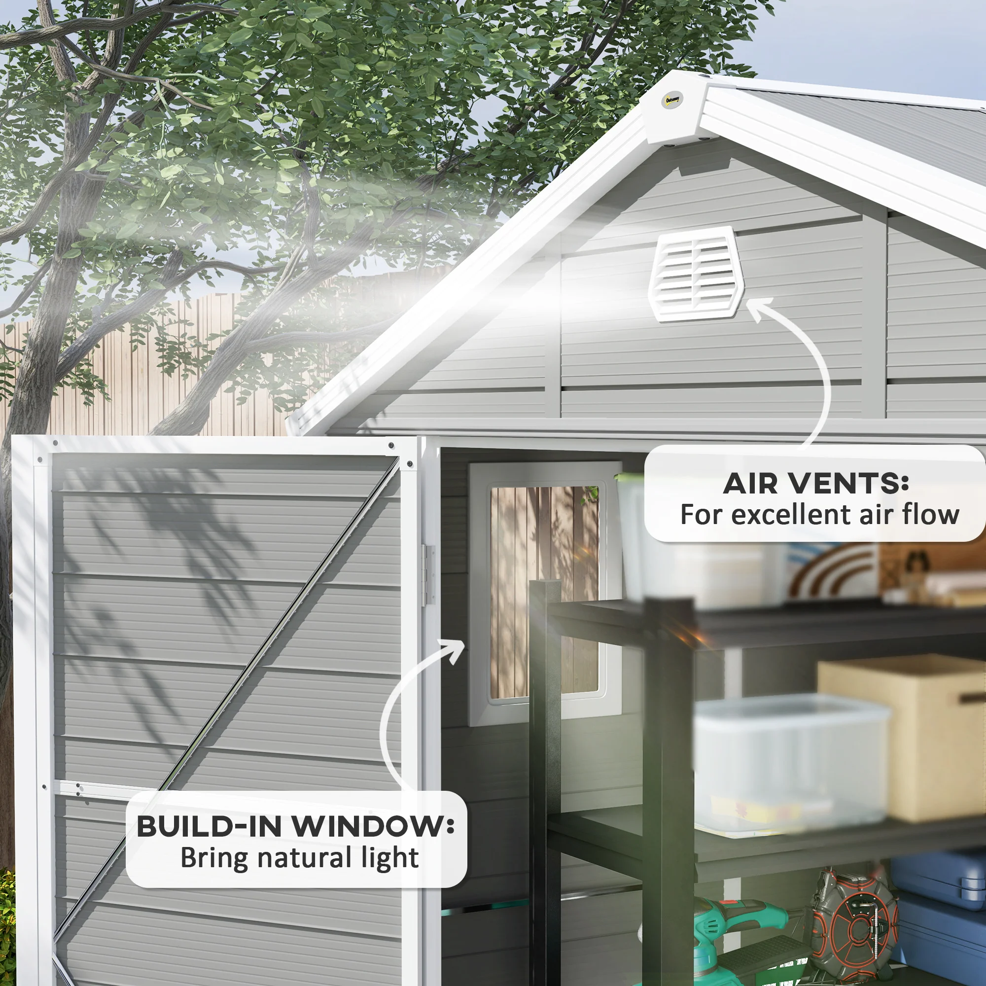 8 x 6ft Plastic Garden Storage Shed w/ Foundation Kit, Ventilation Slots & Lockable Door, Light Grey - Image 9