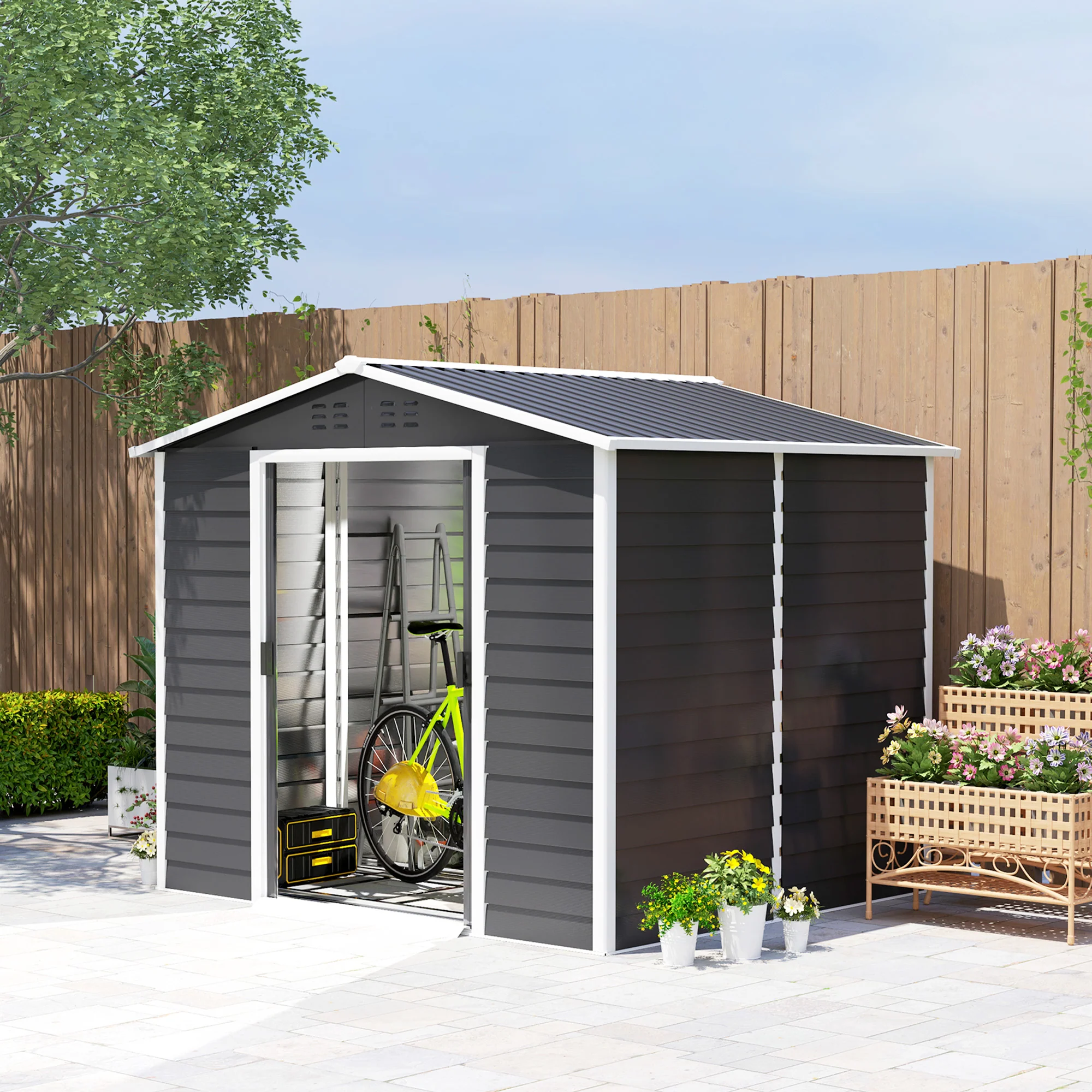 EverBase 8' x 7' Upgraded Storage Shed with Floor Frame and Gloves, Dark Grey - Image 3