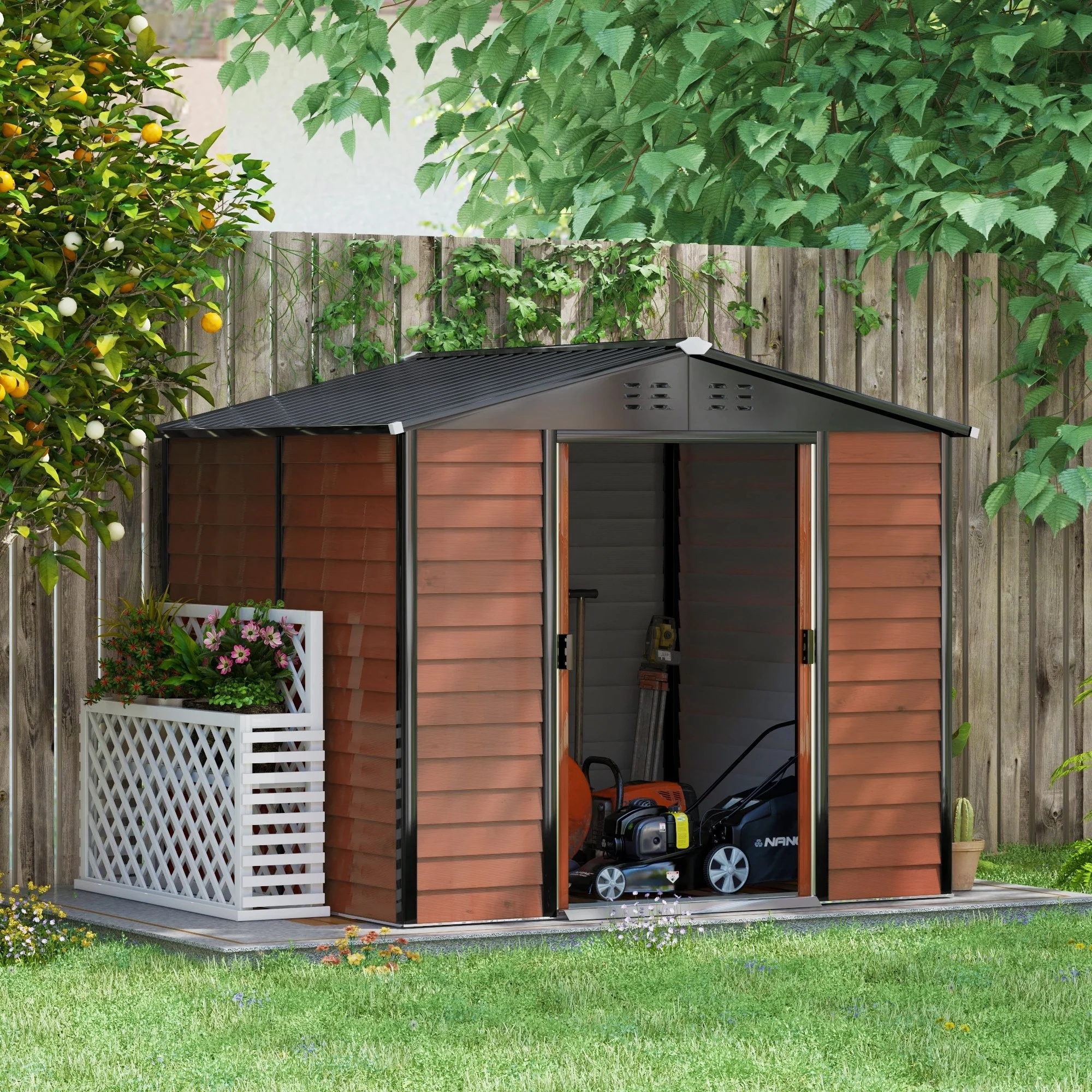 EverBase 8' x 7' Upgraded Storage Shed with Floor Frame and Gloves, Teak - Image 3
