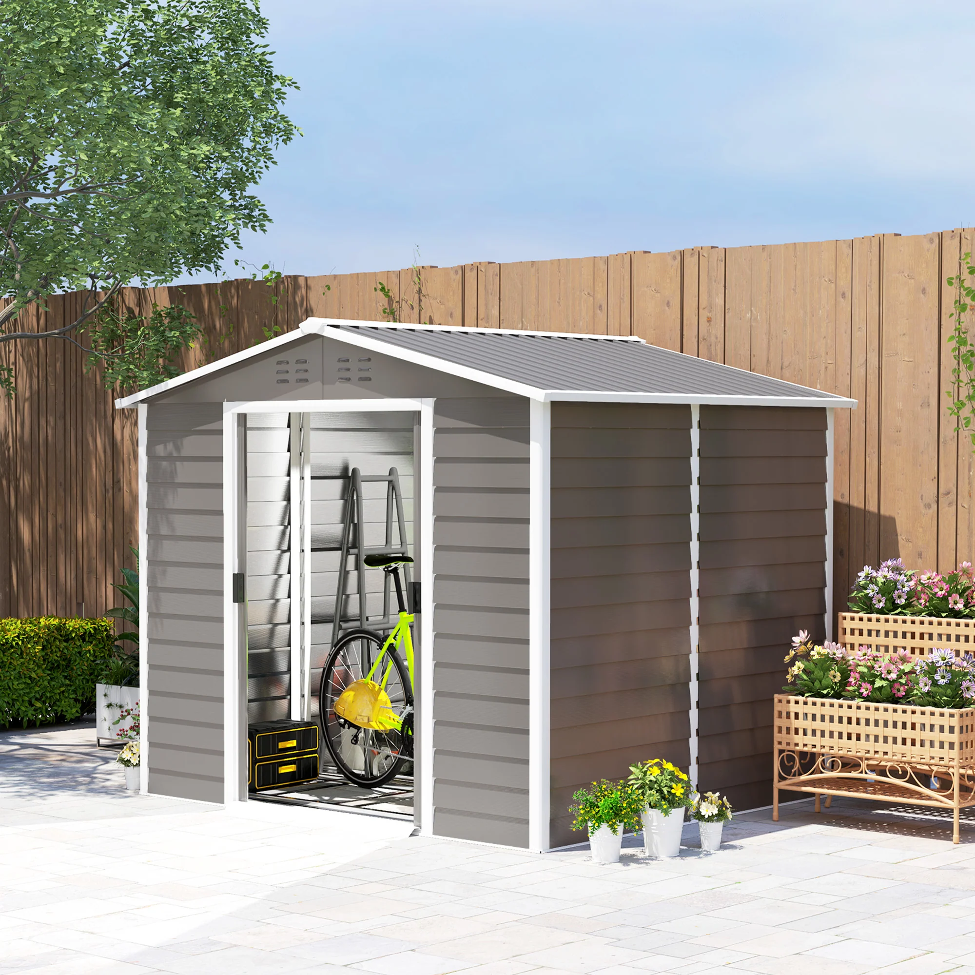 EverBase 8' x 7' Upgraded Storage Shed with Floor Frame and Gloves, Light Grey - Image 3