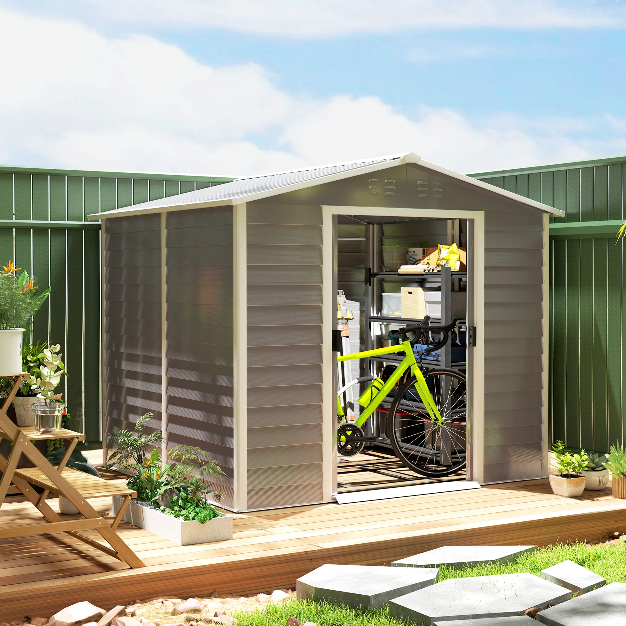 EverBase 8' x 7' Upgraded Storage Shed with Floor Frame and Gloves, Light Grey - Image 4