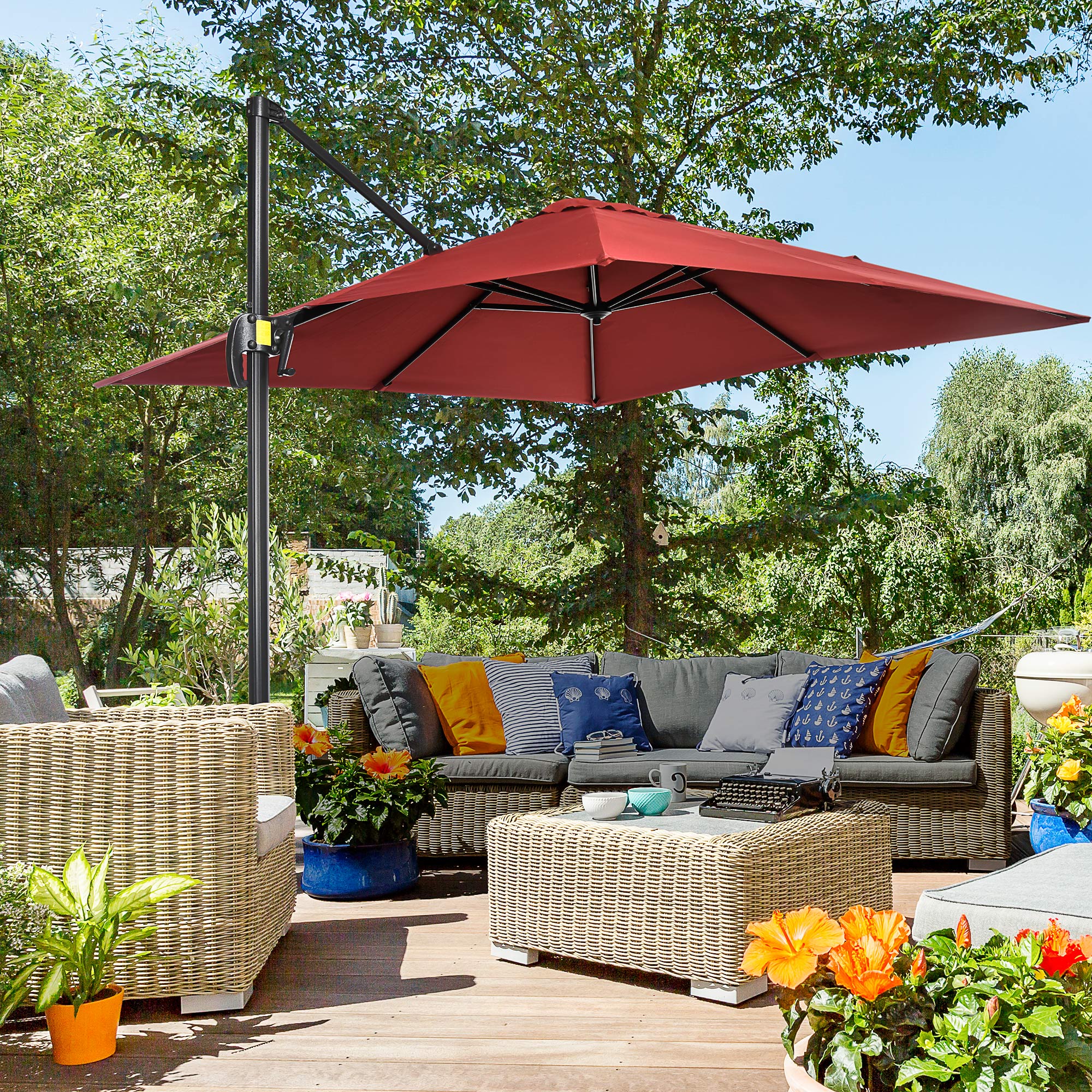 8'x 8' Square Cantilever Umbrella with 360° Rotation & Tilt, Wine Red - Image 3