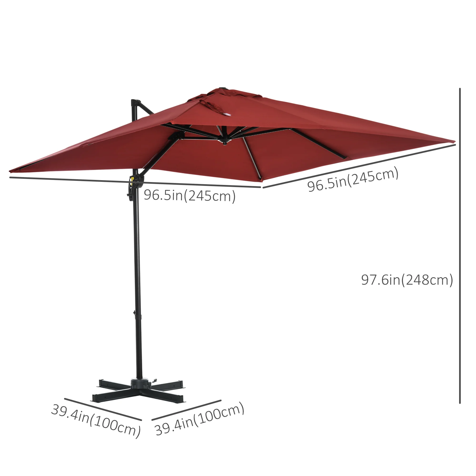 8'x 8' Square Cantilever Umbrella with 360° Rotation & Tilt, Wine Red - Image 5
