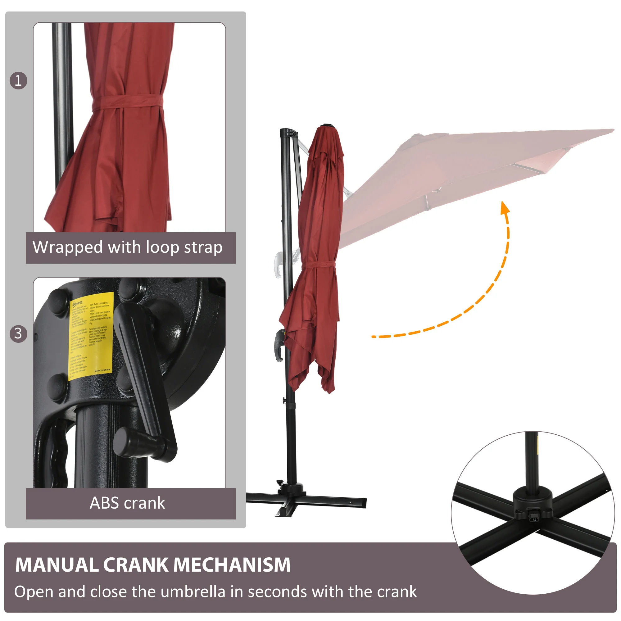 8'x 8' Square Cantilever Umbrella with 360° Rotation & Tilt, Wine Red - Image 8