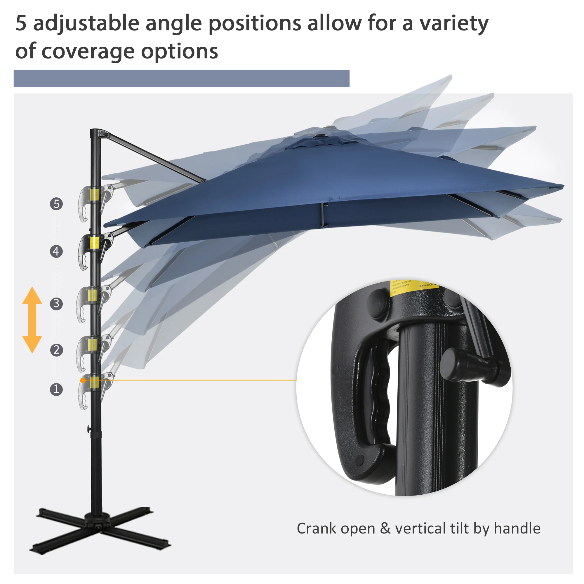 8'x 8' Square Cantilever Umbrella with 360° Rotation & Tilt, Dark Blue - Image 7