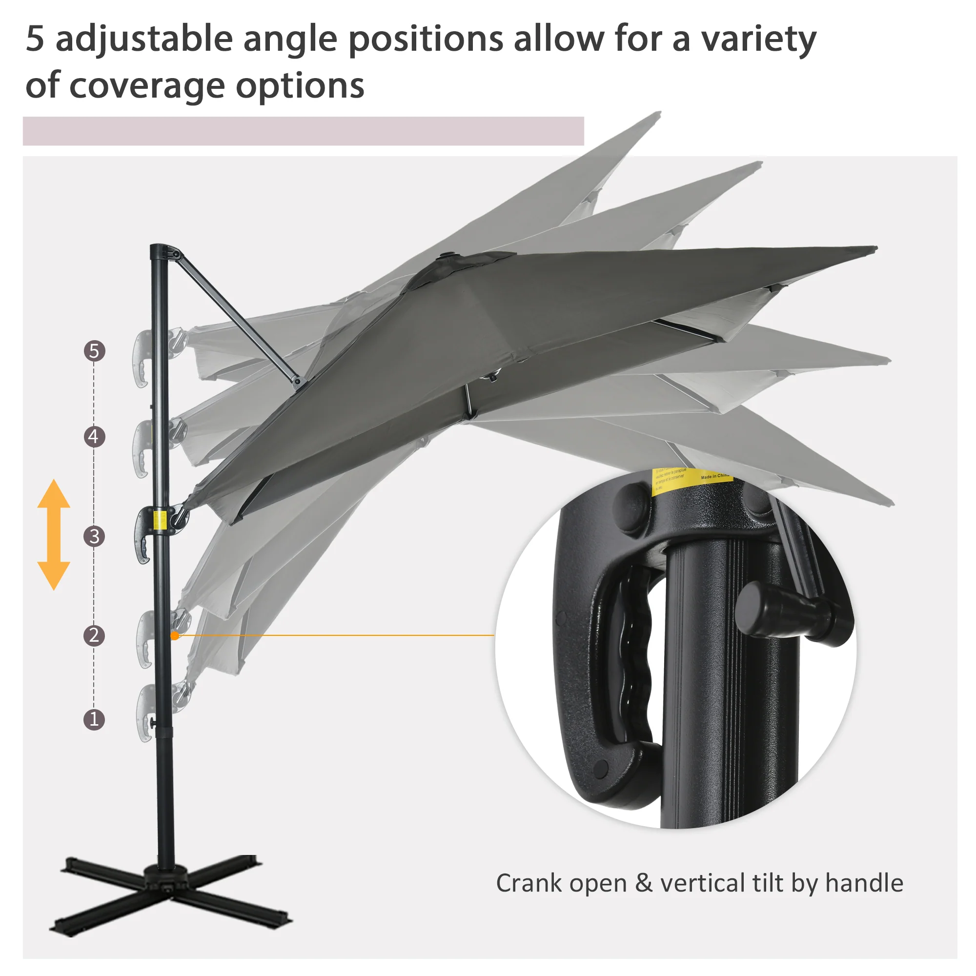 8'x 8' Square Cantilever Umbrella with 360° Rotation & Tilt, Grey - Image 7