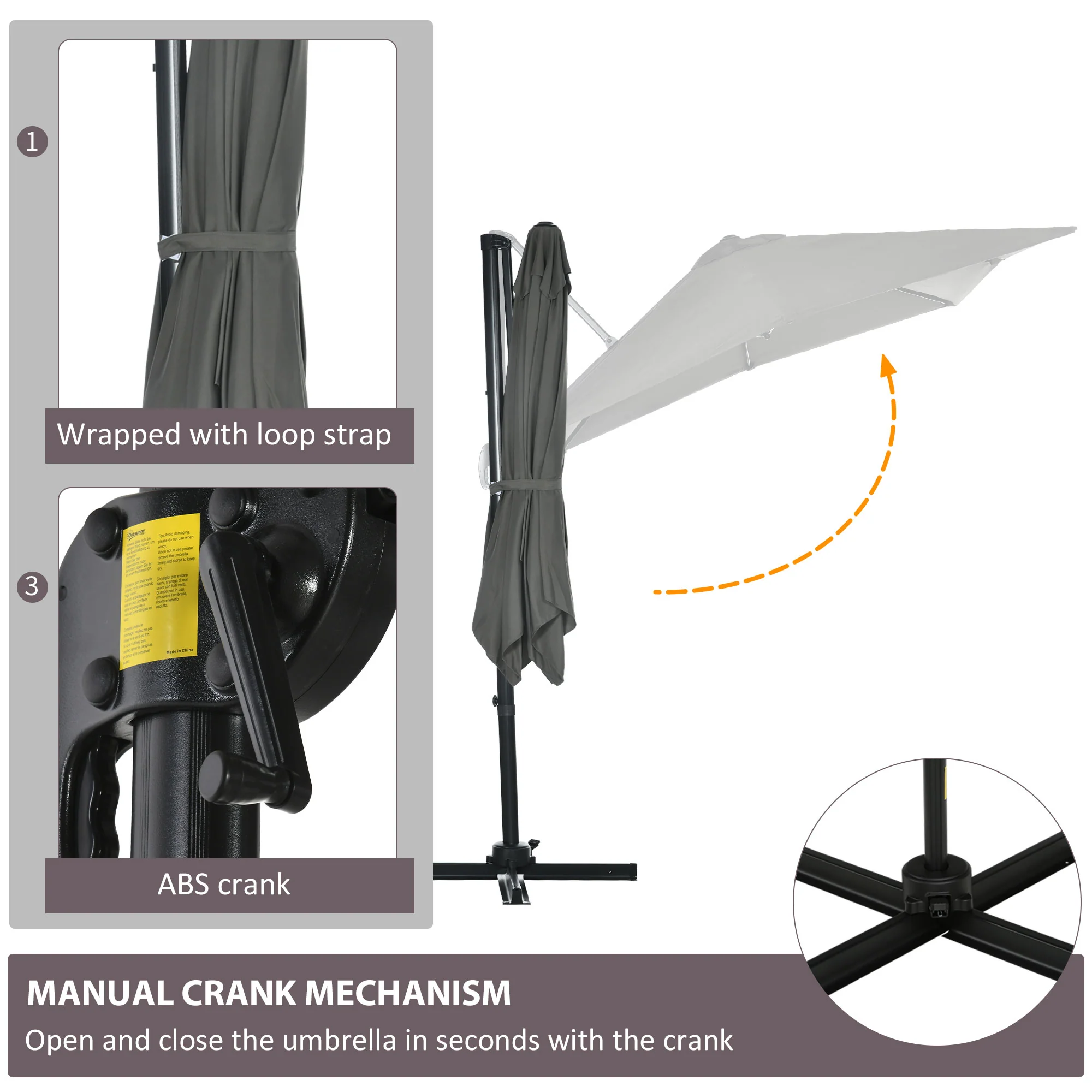8'x 8' Square Cantilever Umbrella with 360° Rotation & Tilt, Grey - Image 8