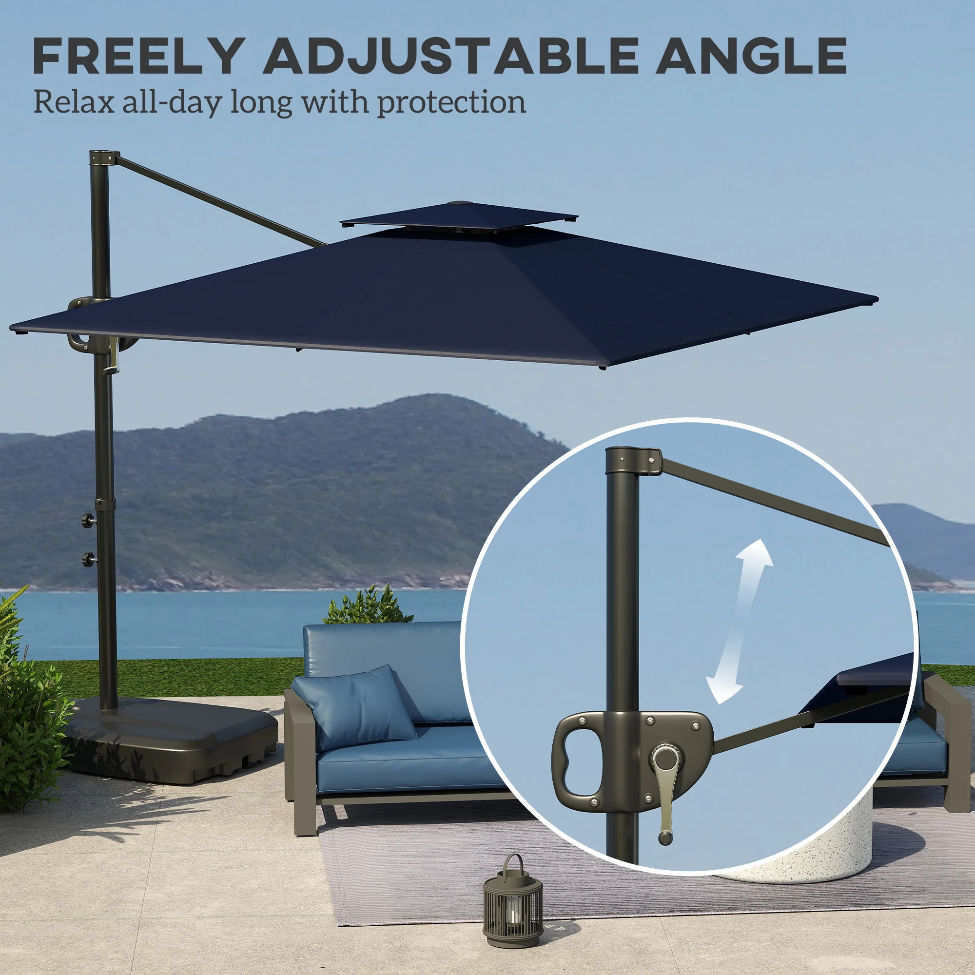 8' x 9' Square Cantilever Patio Umbrella with Fillable Base, Dark Blue - Image 6