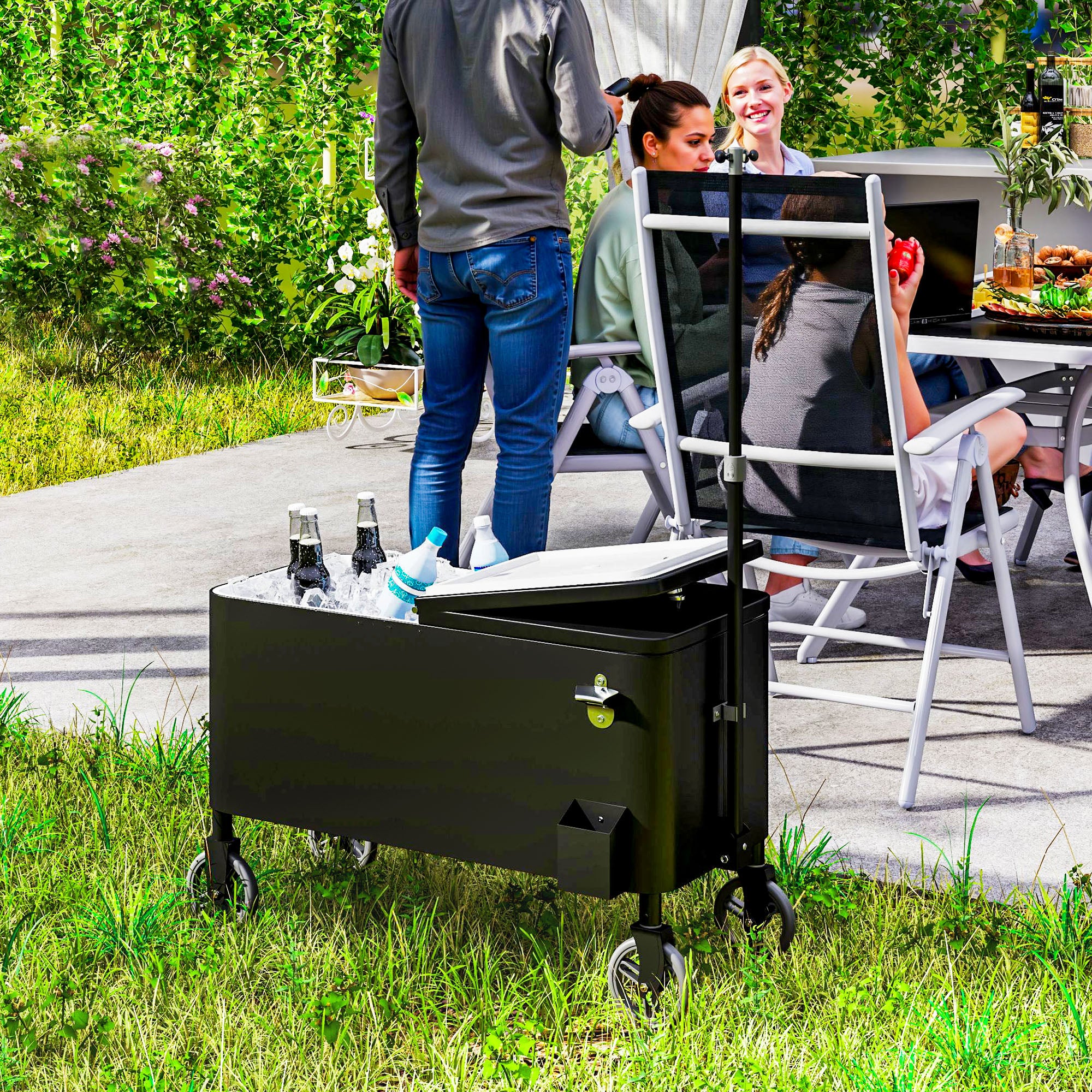 80-Qt Rolling Cooler Cart with Adjustable Handle & Bottle Opener, Black - Image 4