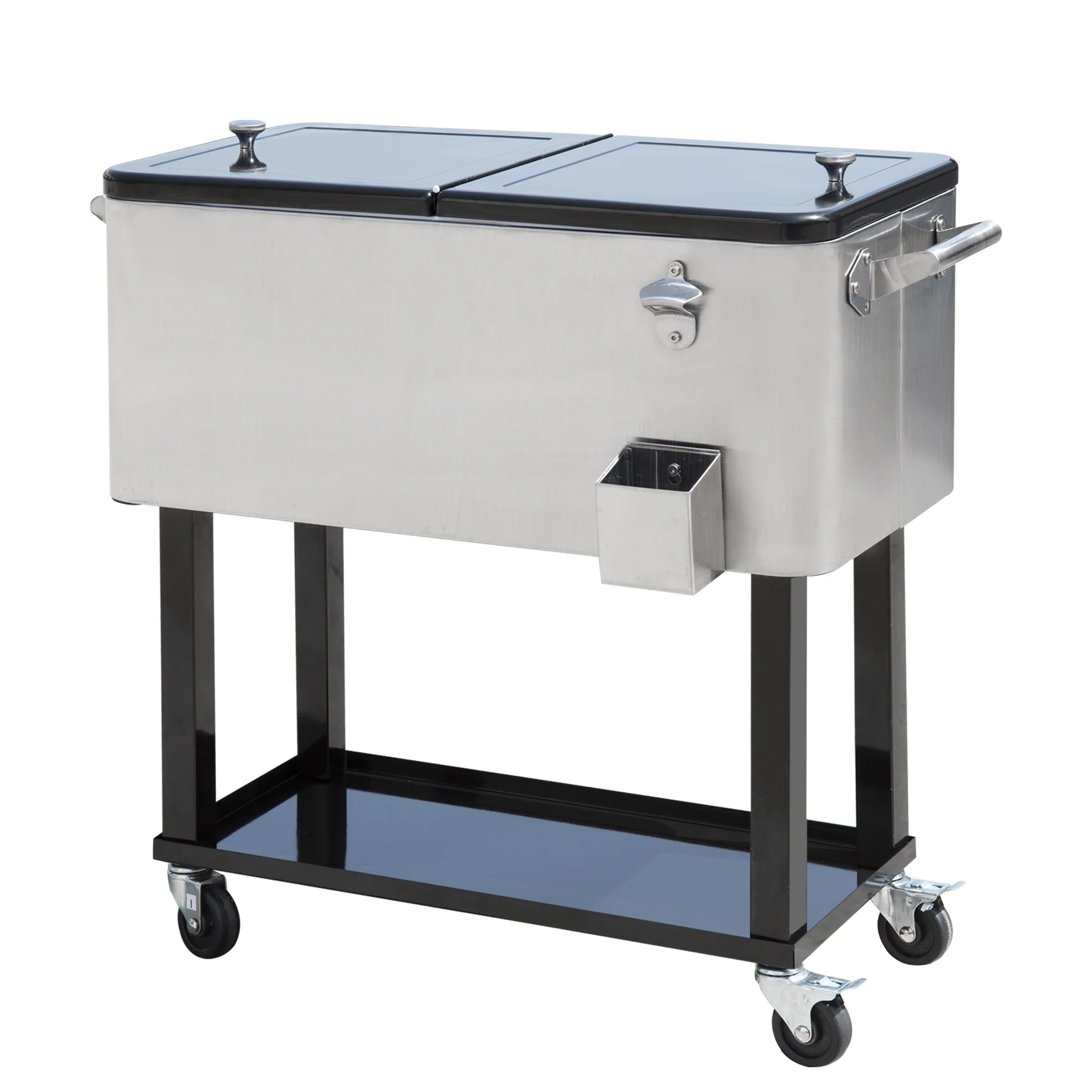 80 Quart Rolling Cooler with Bottle Opener and Storage Shelf,Silver