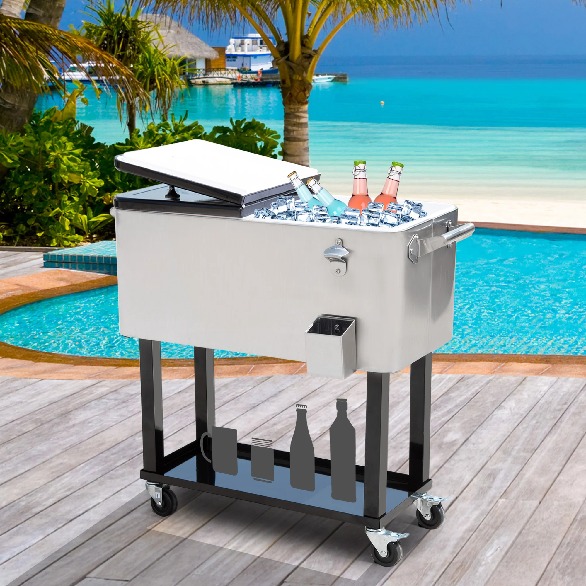 80 Quart Rolling Cooler with Bottle Opener and Storage Shelf,Silver - Image 4