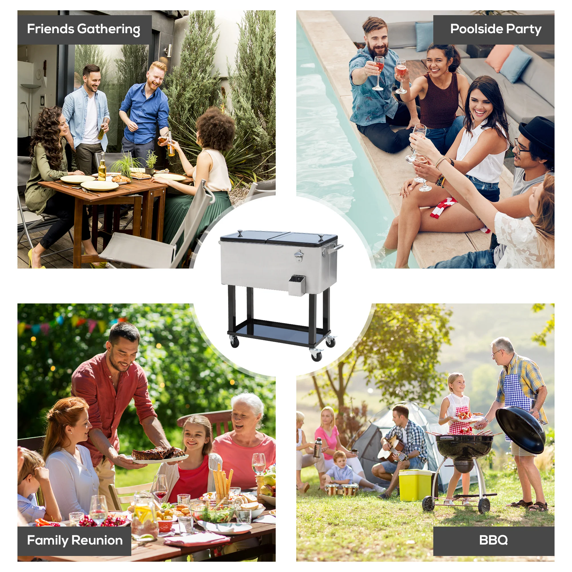 80 Quart Rolling Cooler with Bottle Opener and Storage Shelf,Silver - Image 9