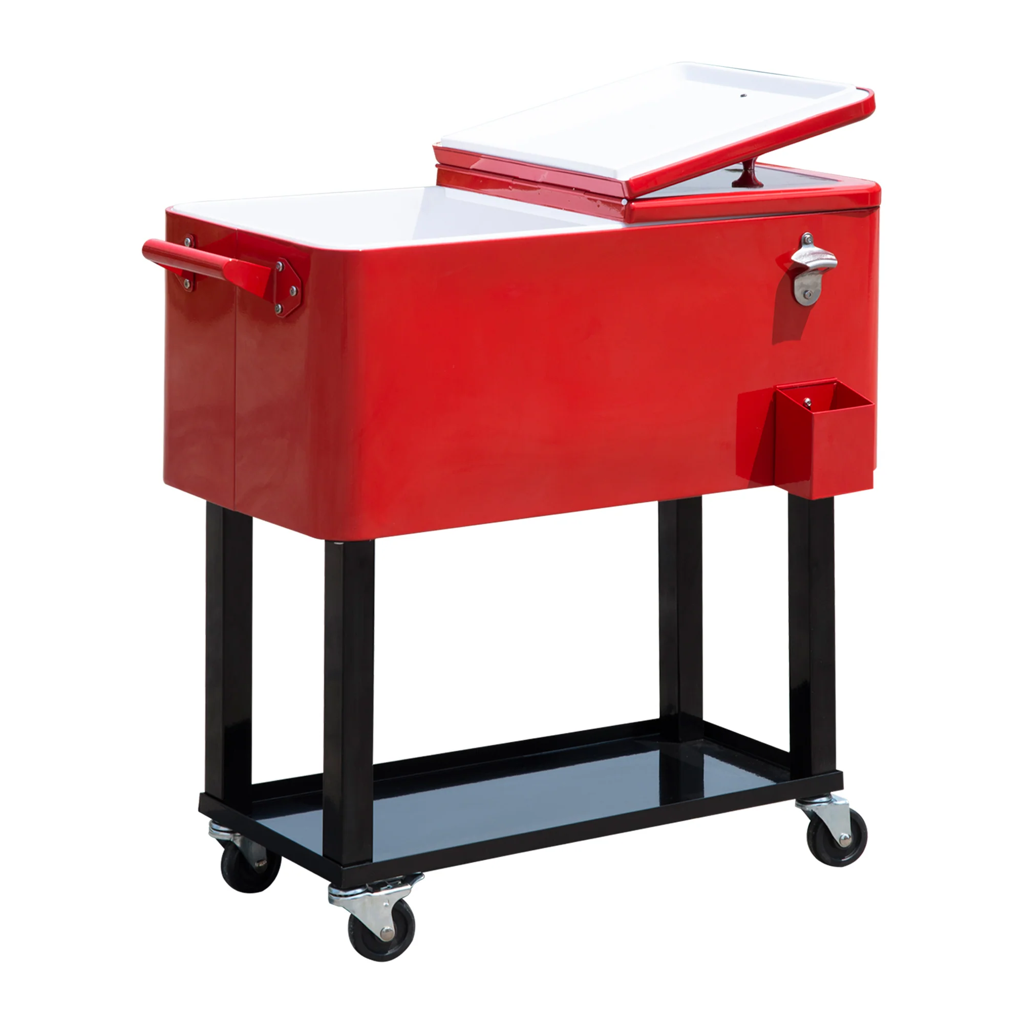 80 Quart Rolling Cooler with Bottle Opener and Storage Shelf,Red - Image 2