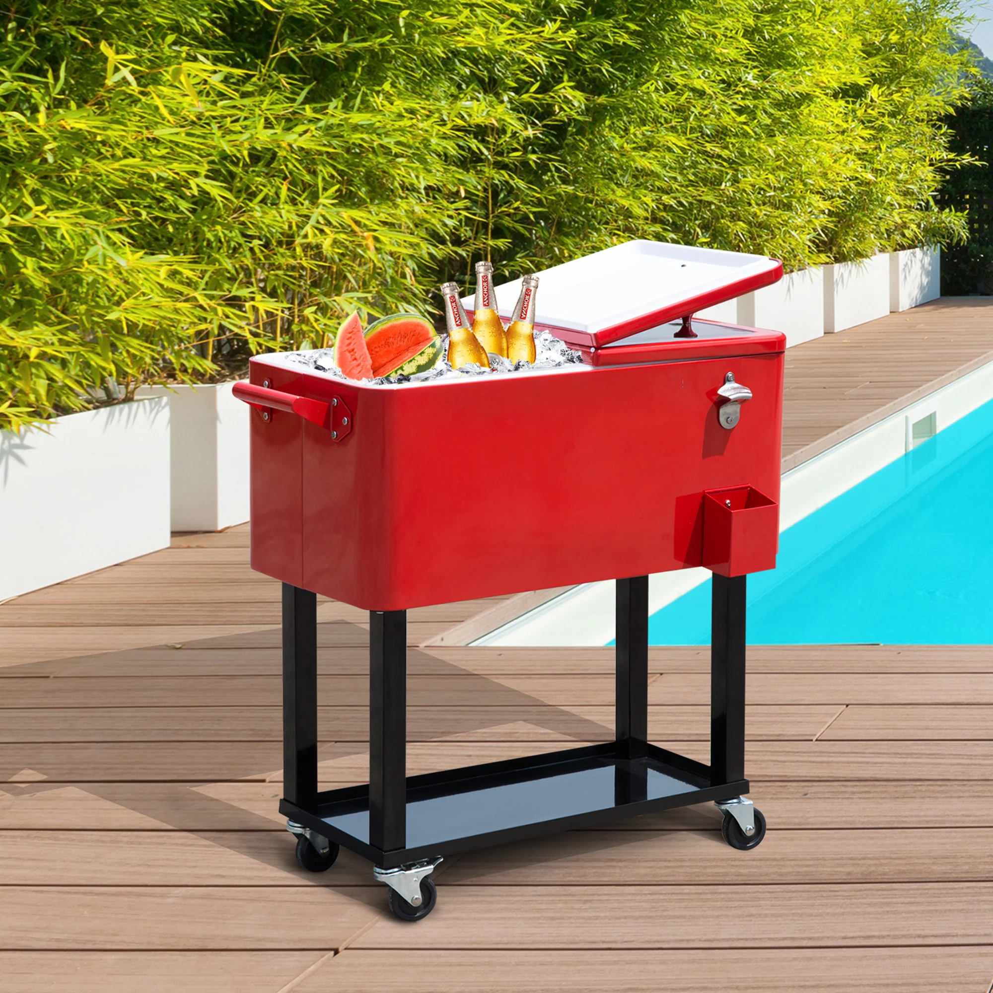 80 Quart Rolling Cooler with Bottle Opener and Storage Shelf,Red - Image 3
