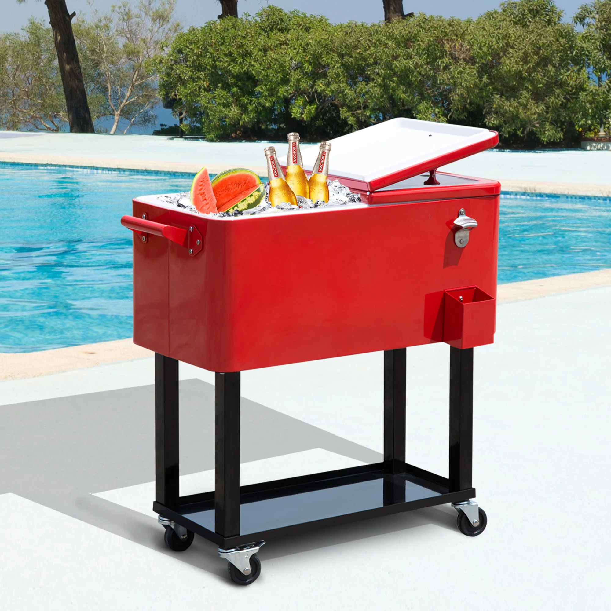 80 Quart Rolling Cooler with Bottle Opener and Storage Shelf,Red - Image 4