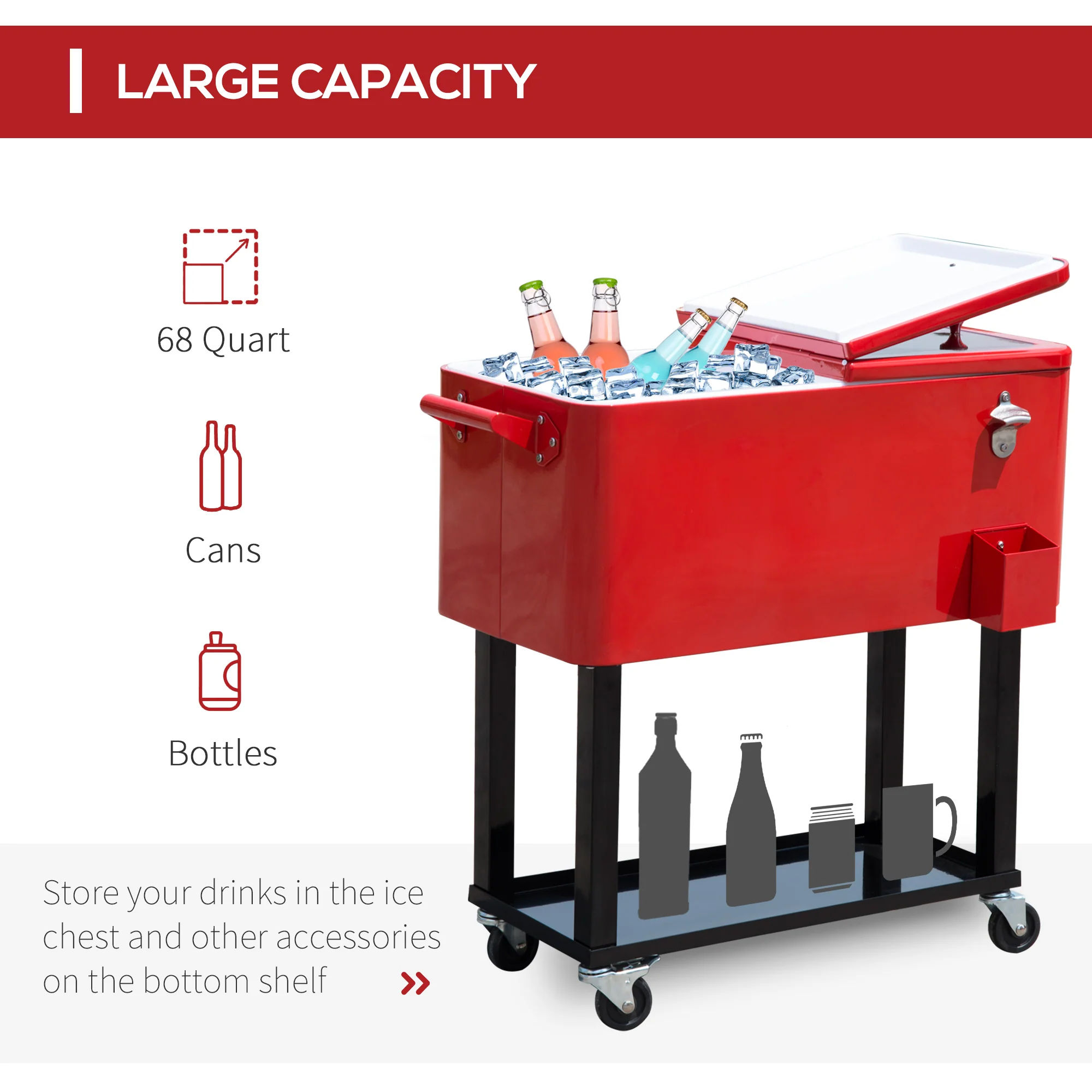 80 Quart Rolling Cooler with Bottle Opener and Storage Shelf,Red - Image 6