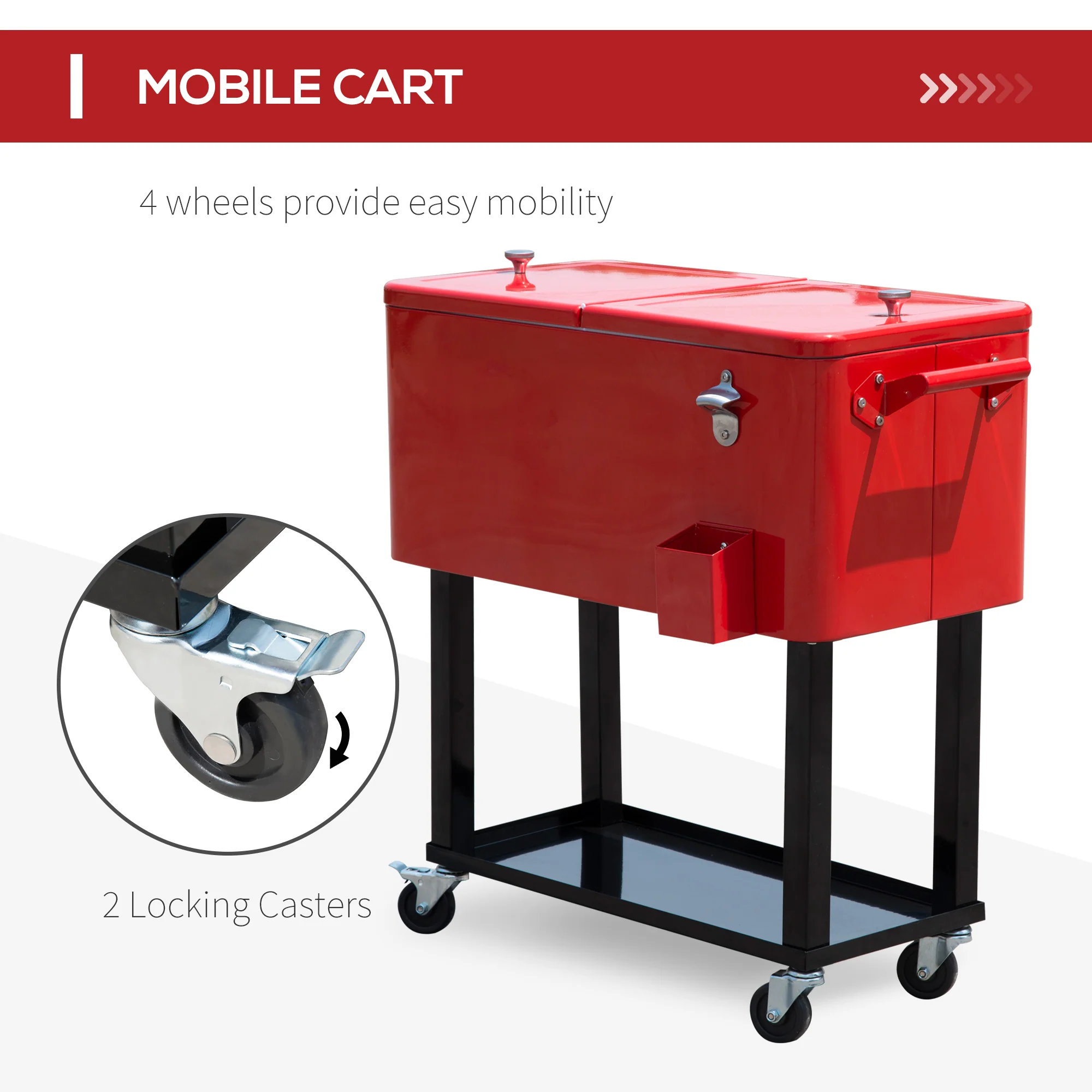80 Quart Rolling Cooler with Bottle Opener and Storage Shelf,Red - Image 7