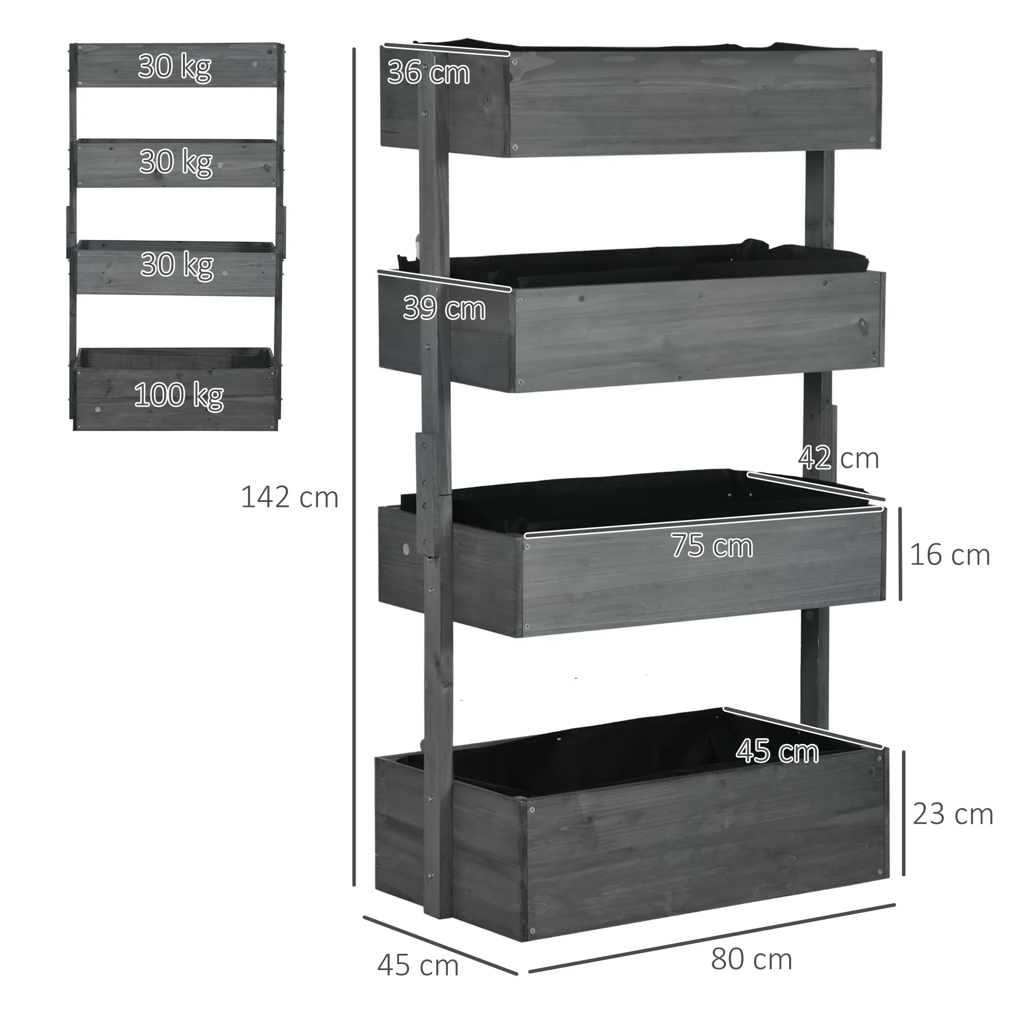 80cm x 45cm x 142cm 4-Tier Raised Garden Bed, Fir Wood Vertical Planter Box, Freestanding Elevated Plant Stand for Indoor Outdoor Use, Grey - Image 5