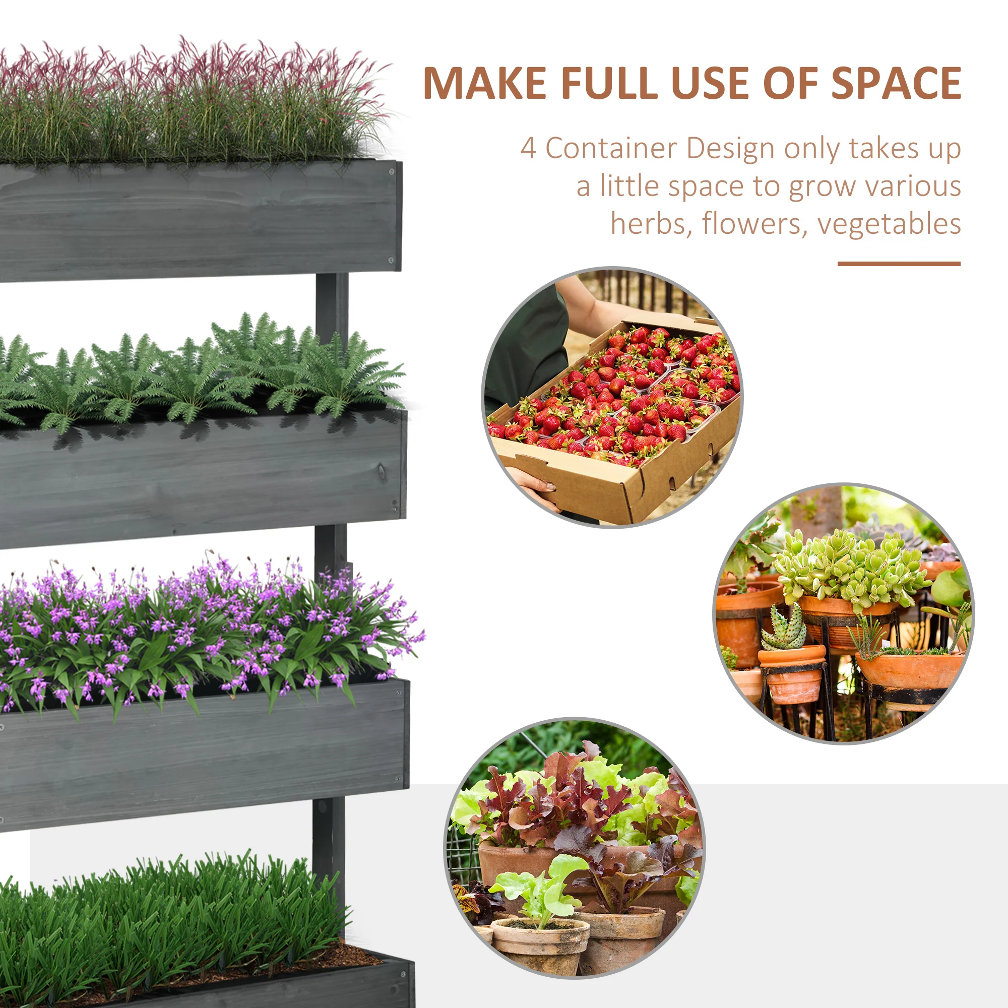 80cm x 45cm x 142cm 4-Tier Raised Garden Bed, Fir Wood Vertical Planter Box, Freestanding Elevated Plant Stand for Indoor Outdoor Use, Grey - Image 6