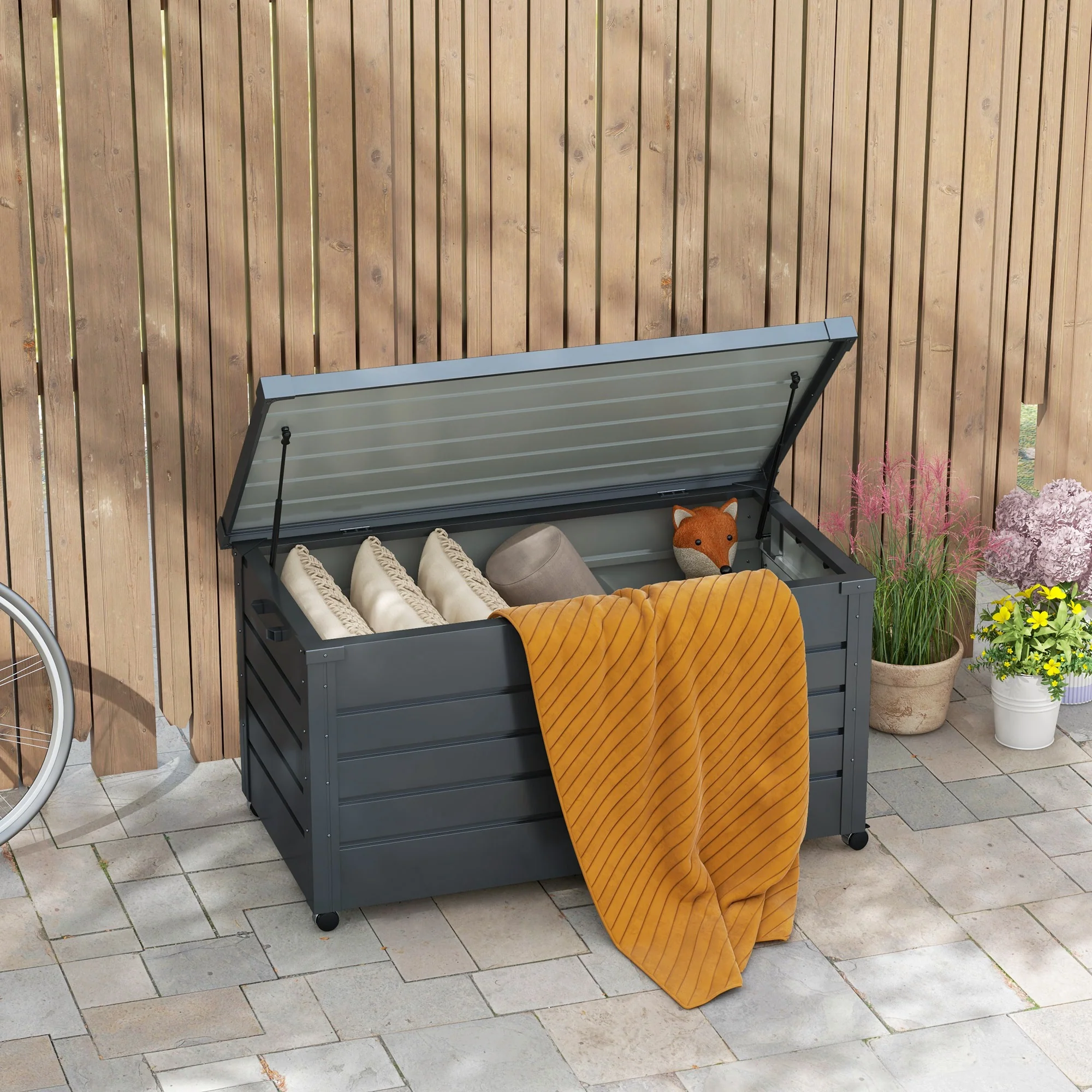 82 Gallon Galvanized Steel Deck Box with Wheels and Handles, Dark Grey - Image 4