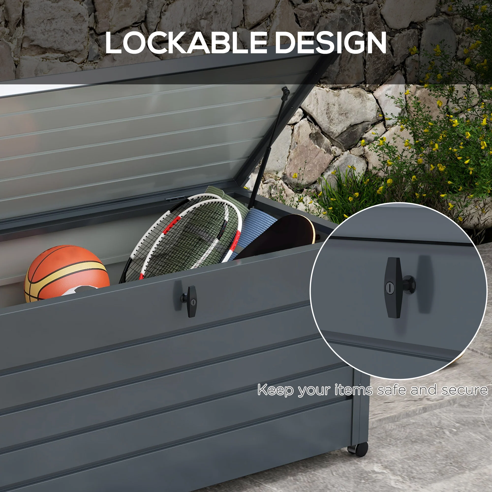 82 Gallon Galvanized Steel Deck Box with Wheels and Handles, Dark Grey - Image 9
