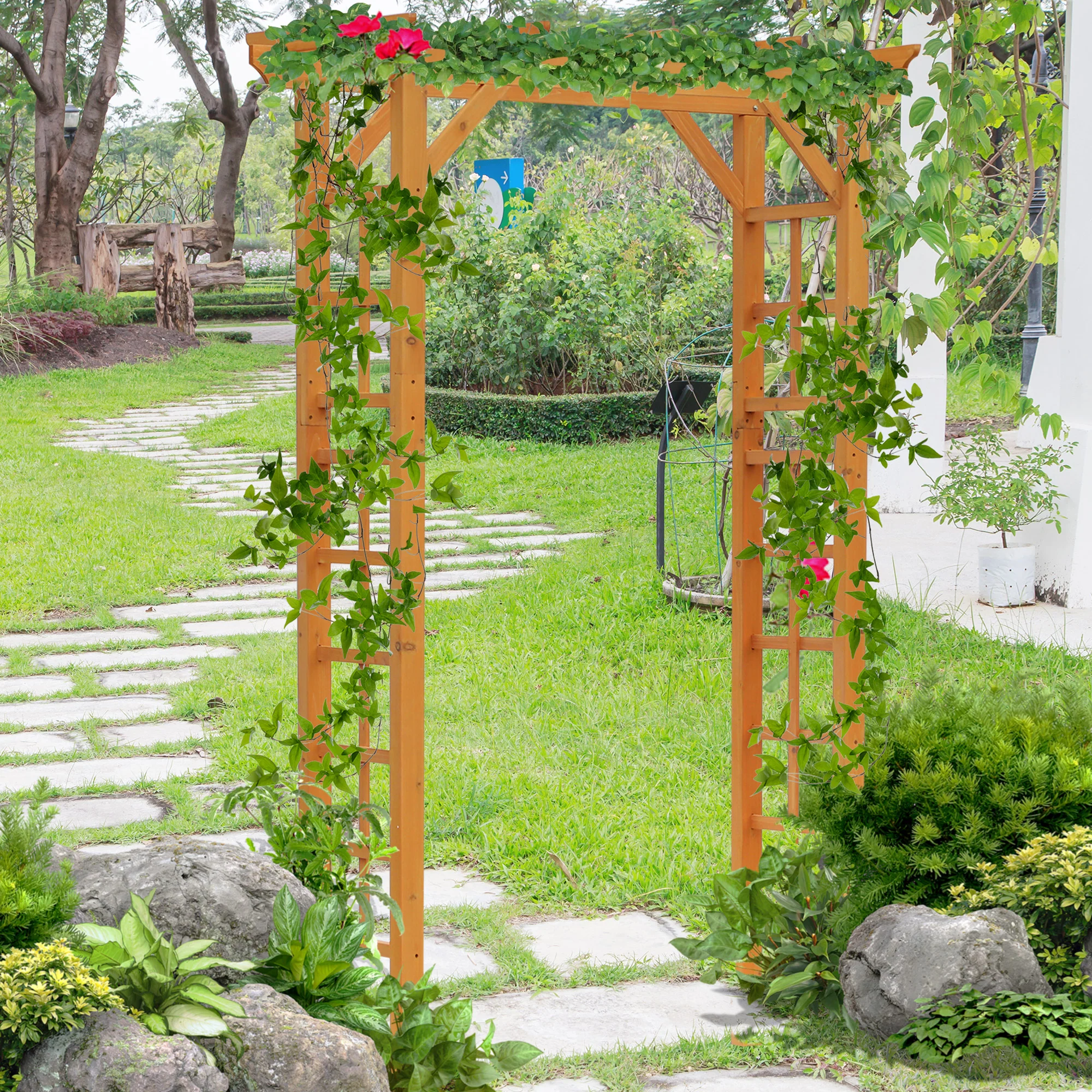 85" Wooden Garden Arbor for Climbing Vines, Orange - Image 3