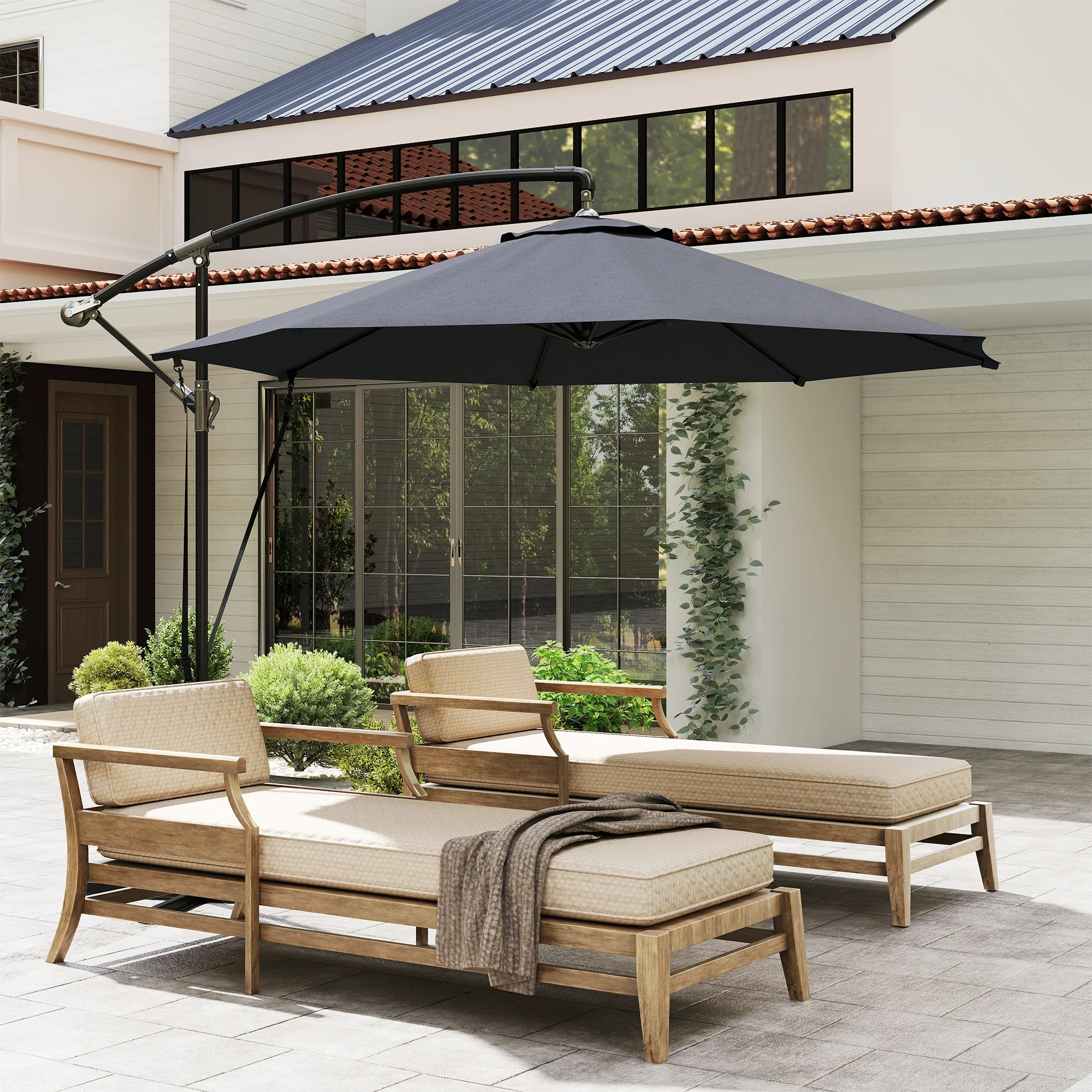 9.5FT Cantilever Patio Umbrella with Cover, 360° Rotation and Cross Base, Grey - Image 11