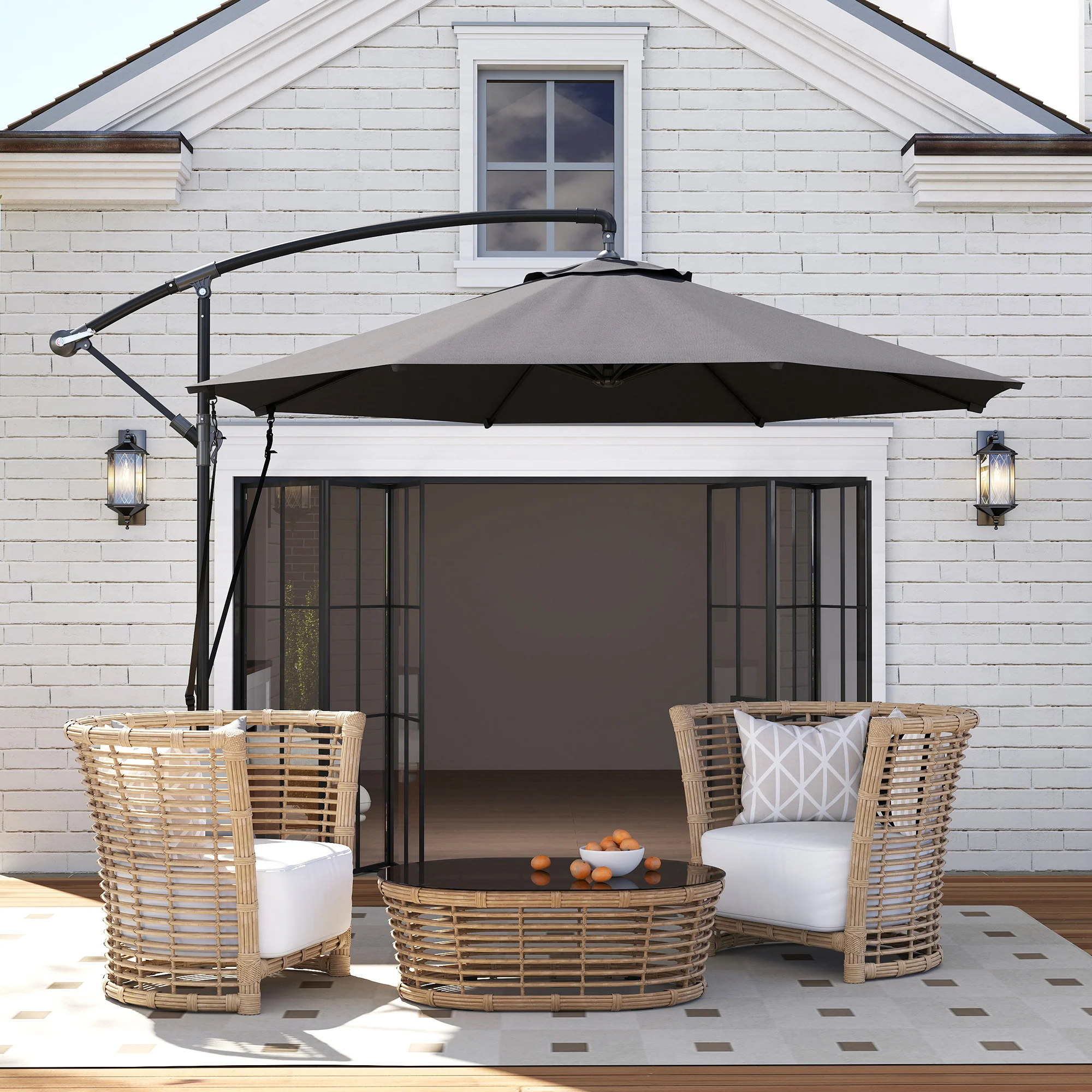 9.5FT Cantilever Patio Umbrella with Cover, 360° Rotation and Cross Base, Grey - Image 3