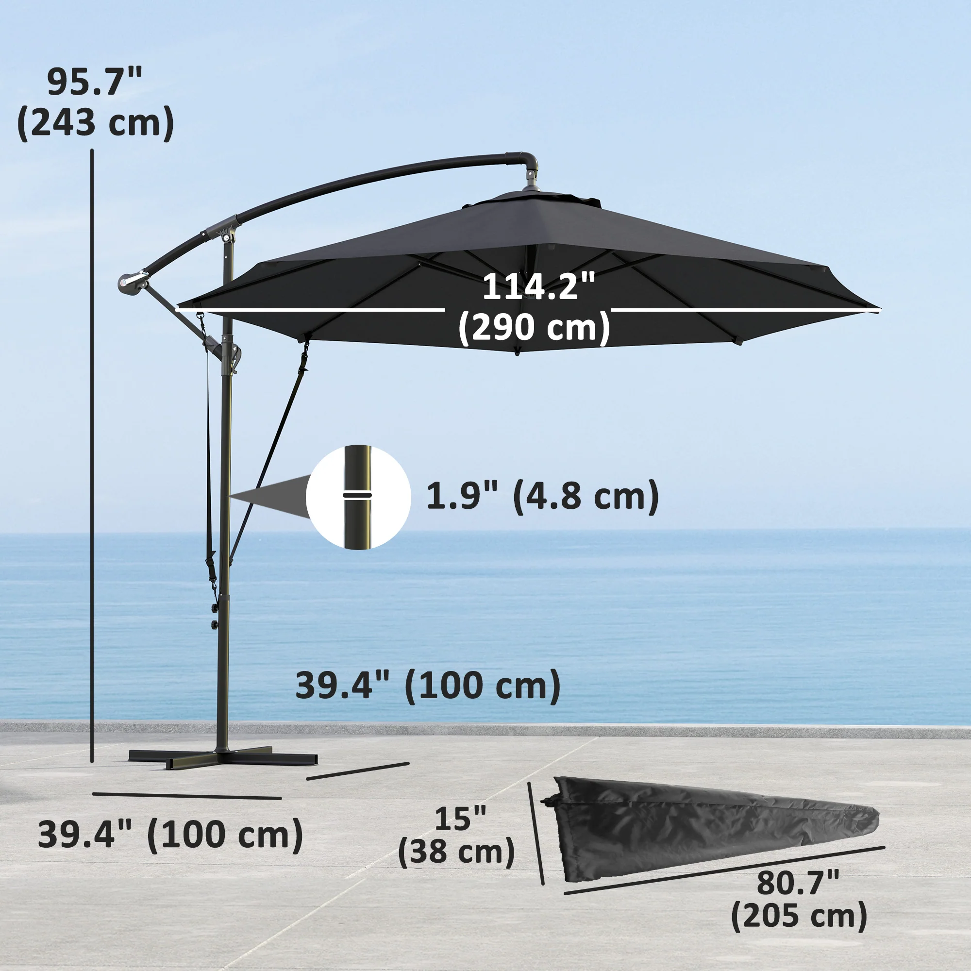 9.5FT Cantilever Patio Umbrella with Cover, 360° Rotation and Cross Base, Grey - Image 5