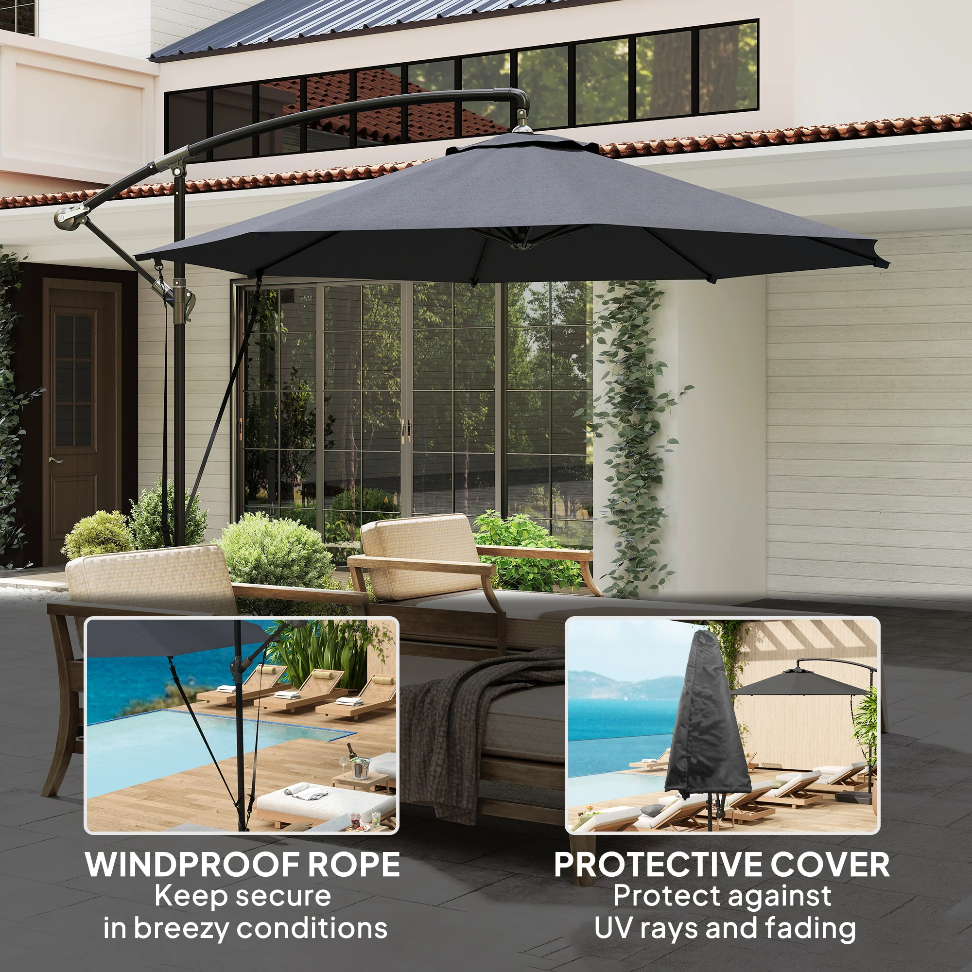 9.5FT Cantilever Patio Umbrella with Cover, 360° Rotation and Cross Base, Grey - Image 6