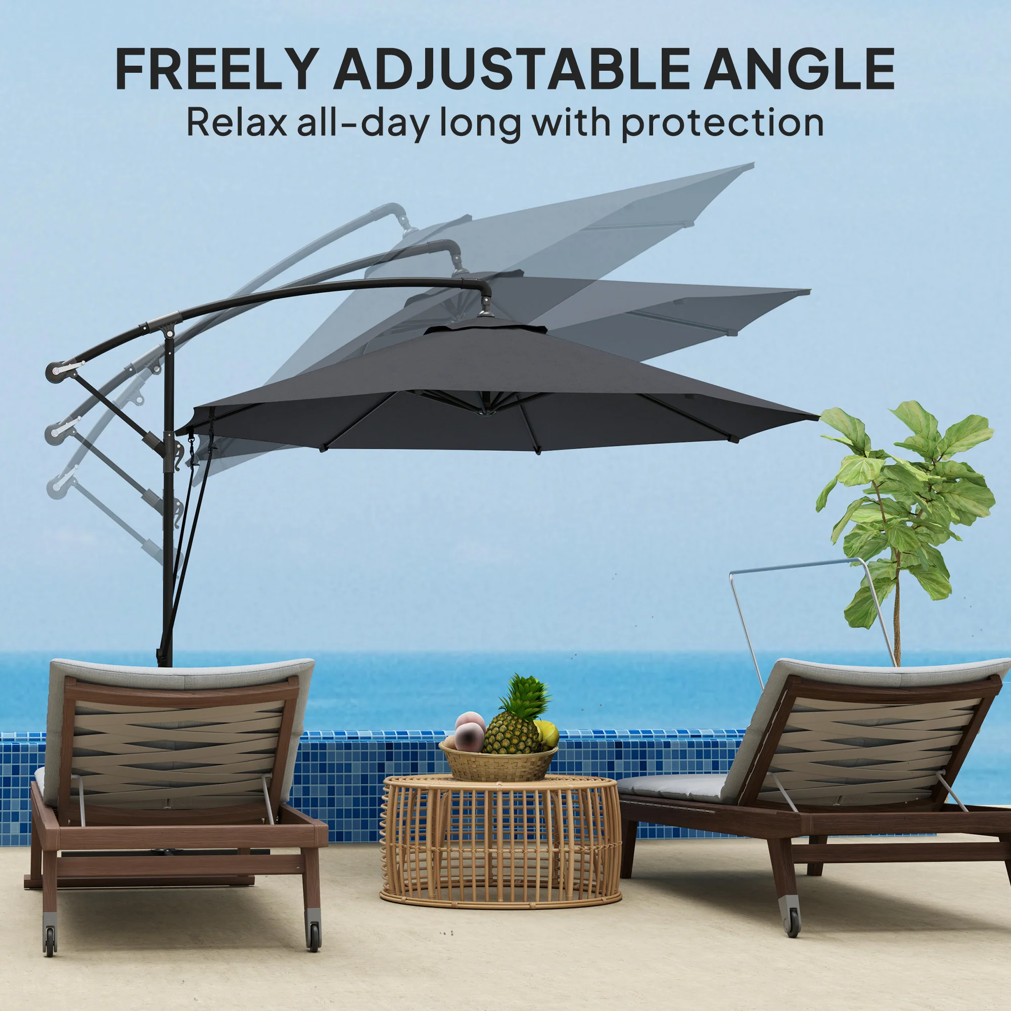 9.5FT Cantilever Patio Umbrella with Cover, 360° Rotation and Cross Base, Grey - Image 8