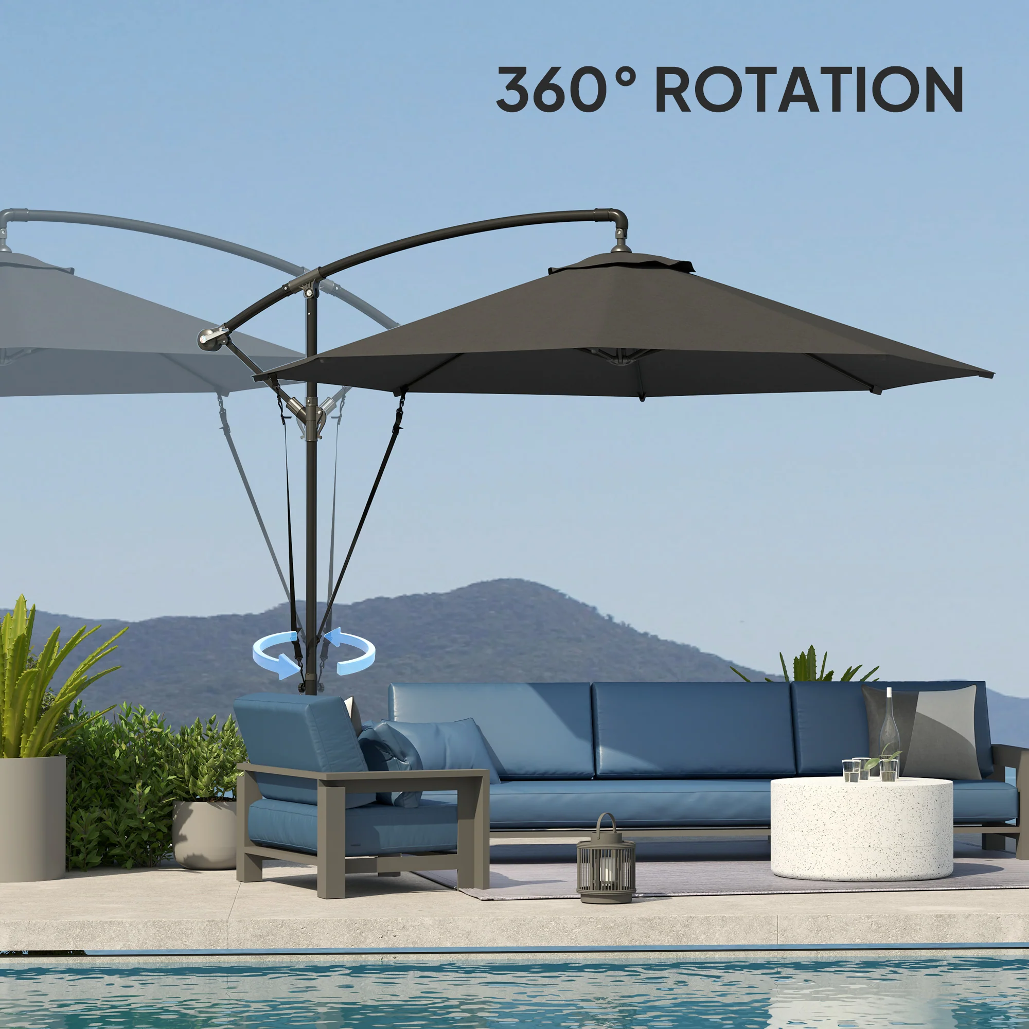9.5FT Cantilever Patio Umbrella with Cover, 360° Rotation and Cross Base, Grey - Image 9
