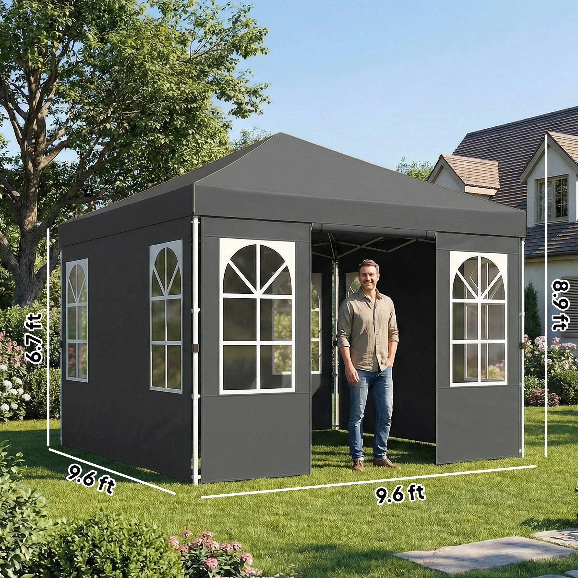 9.6' x 9.6' Pop Up Canopy Tent with Sidewalls, Dark Gray - Image 5