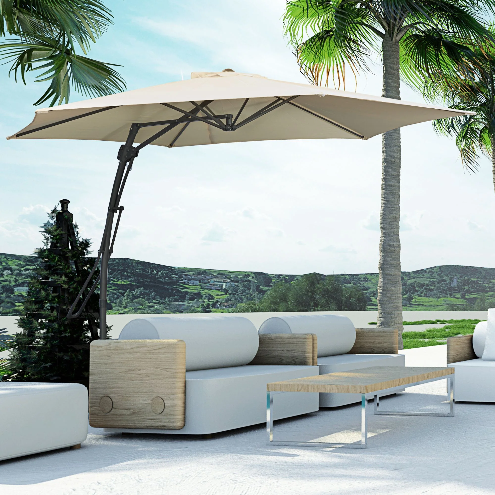 9.6ft Cantilever Patio Umbrella with Crank Handle and Cross Base, Cream White - Image 3