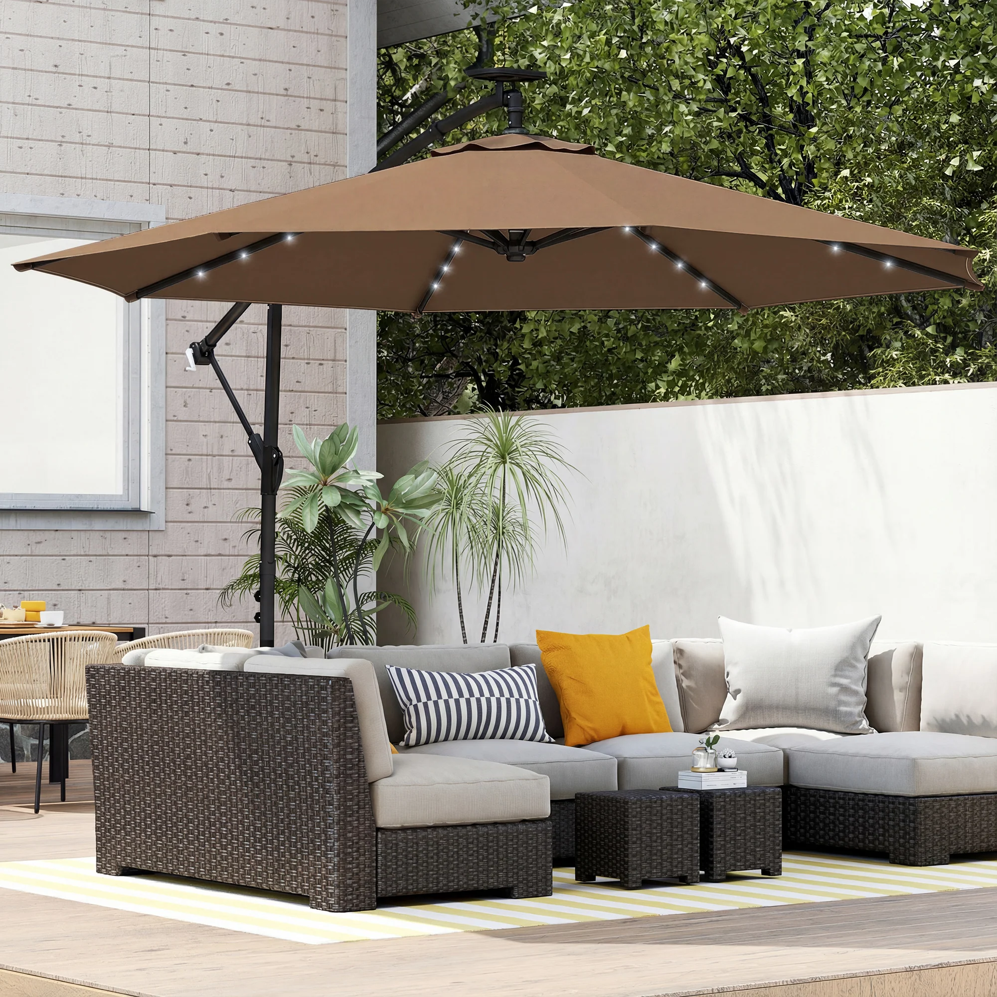 9.7 ft Cantilever Patio Umbrella with Solar LED Light and Cover, Khaki - Image 11