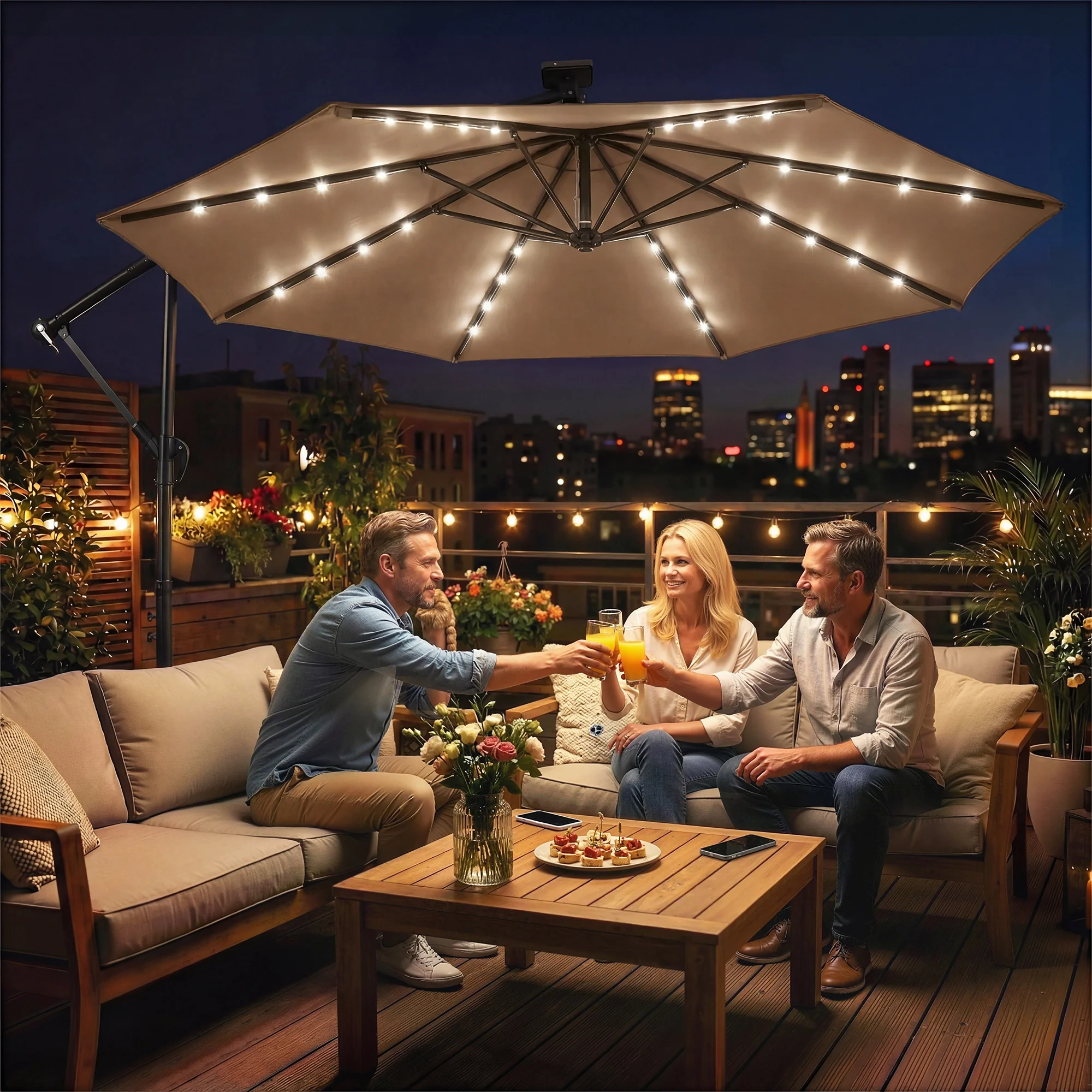 9.7 ft Cantilever Patio Umbrella with Solar LED Light and Cover, Khaki - Image 3